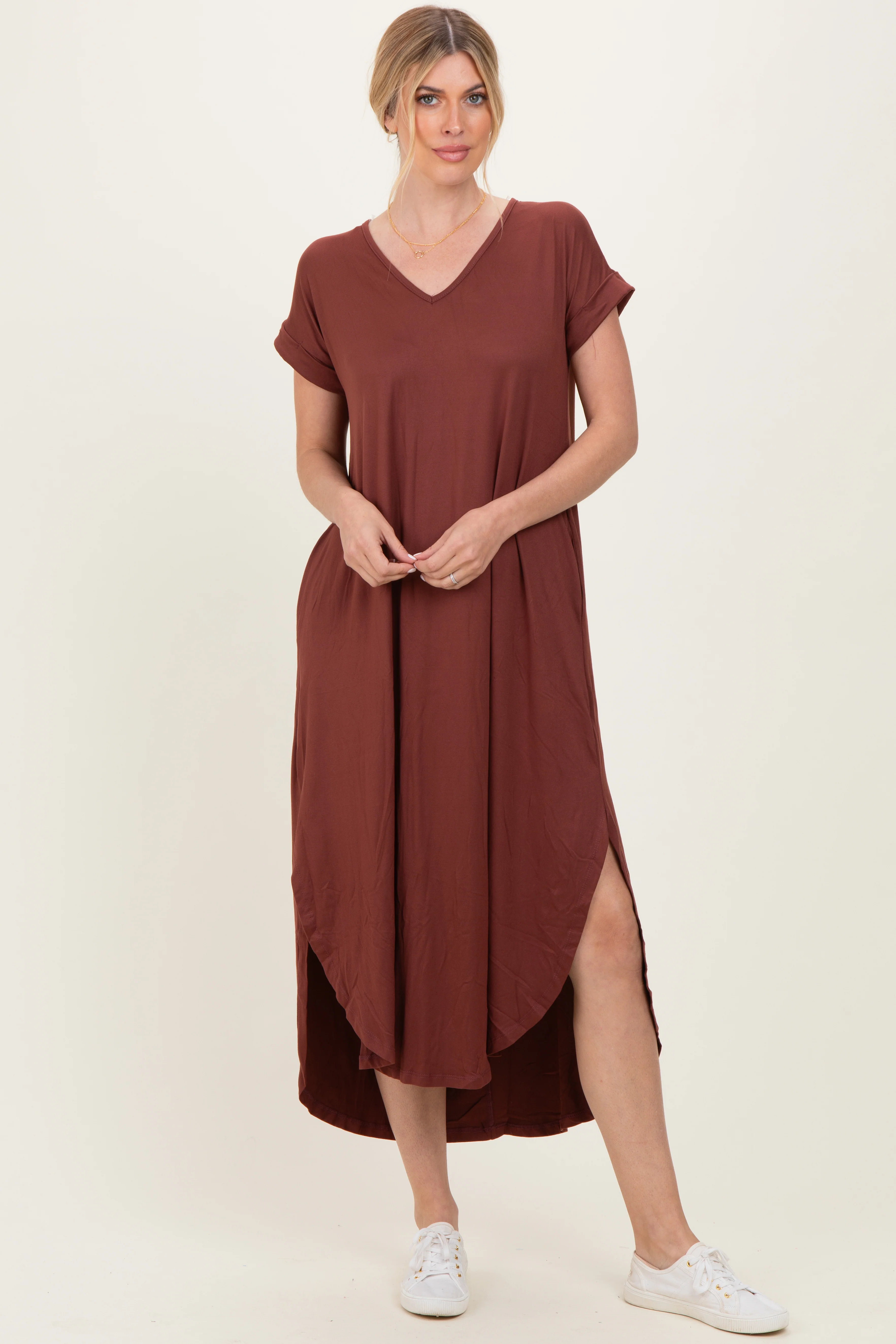 Chocolate Side Slit Maternity Maxi Dress - Image 5