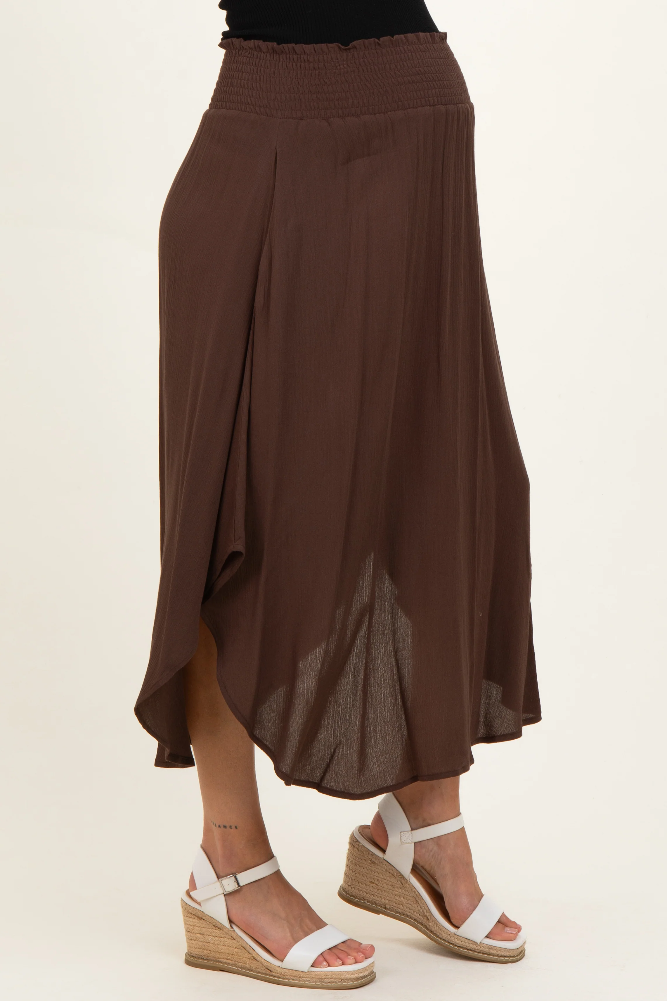 Chocolate Smocked Waist Rounded Hem Maternity Skirt - Image 4