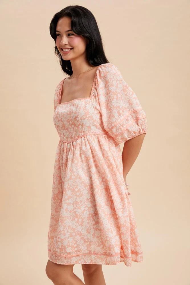 Coral Contrast Binded Floral Mini Dress - Image 3