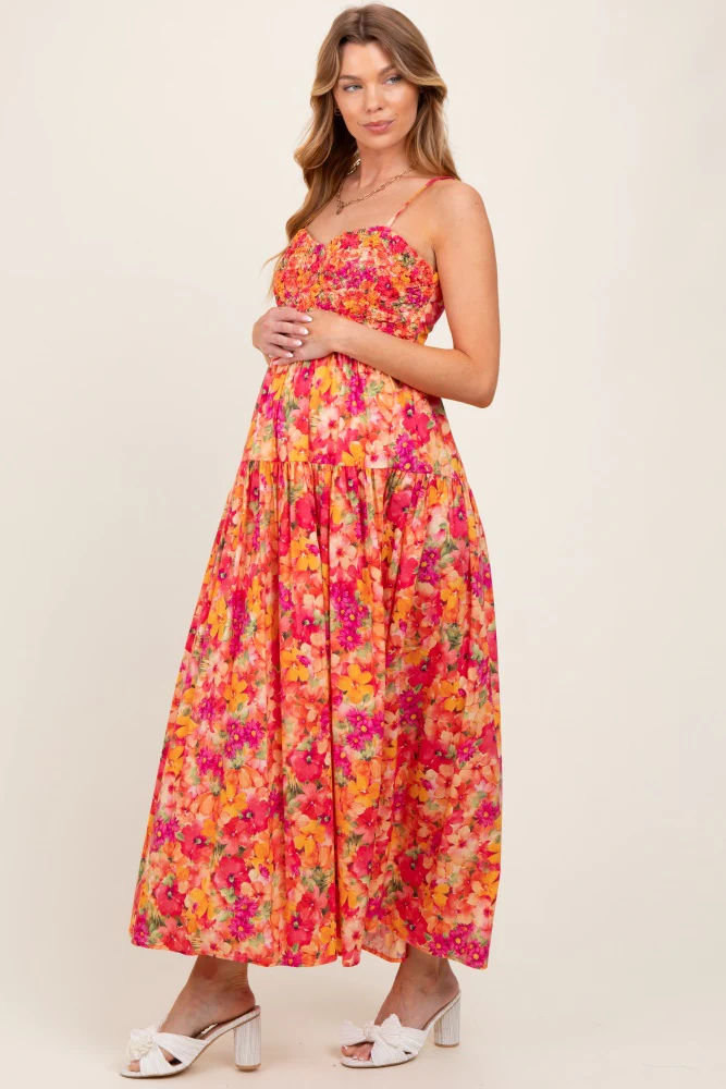 Coral Floral Textured Smocked Maternity Maxi Dress - Image 2