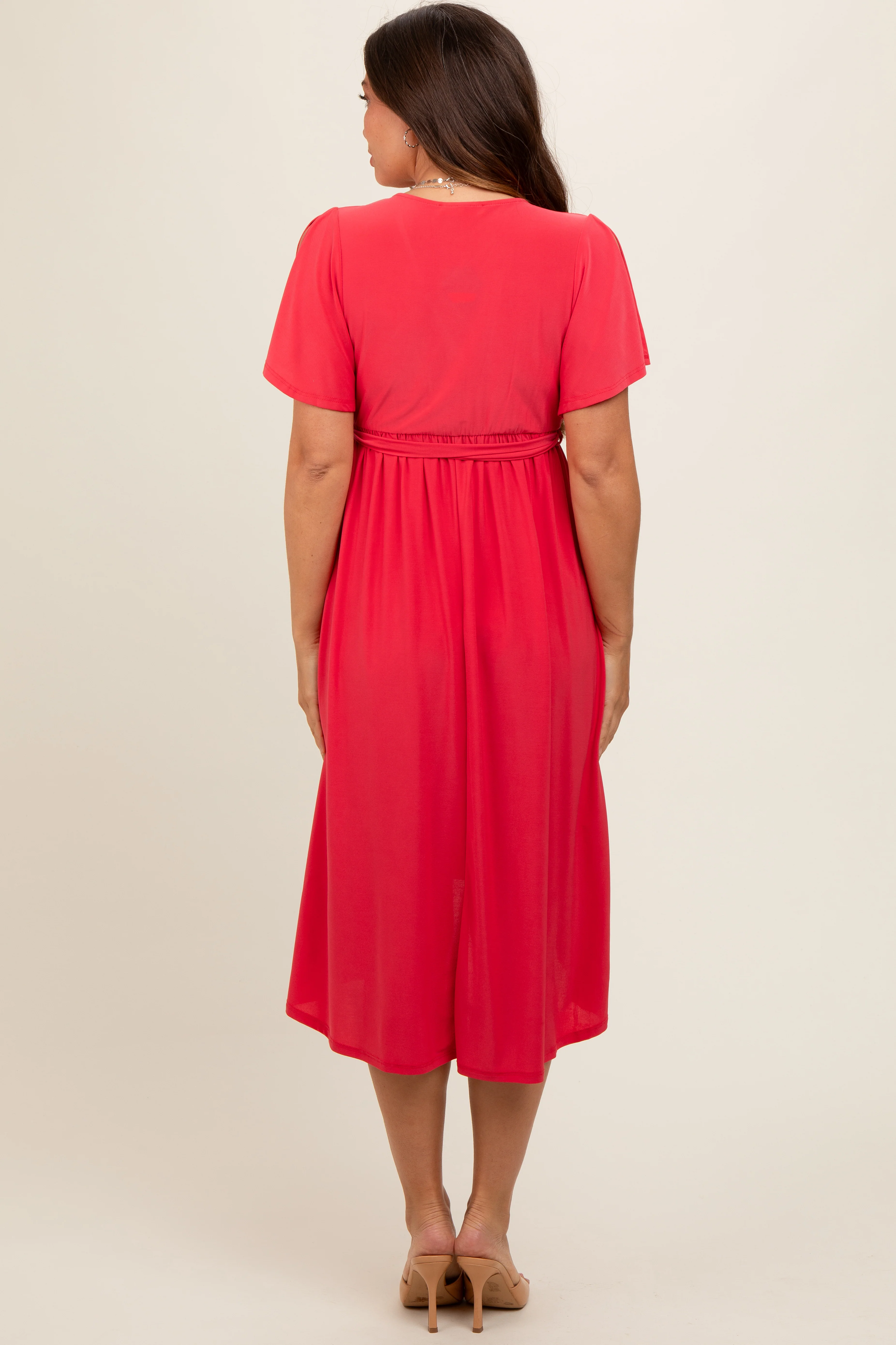 Coral Flutter Sleeve Waist Tie Maternity Nursing Dress - Image 3