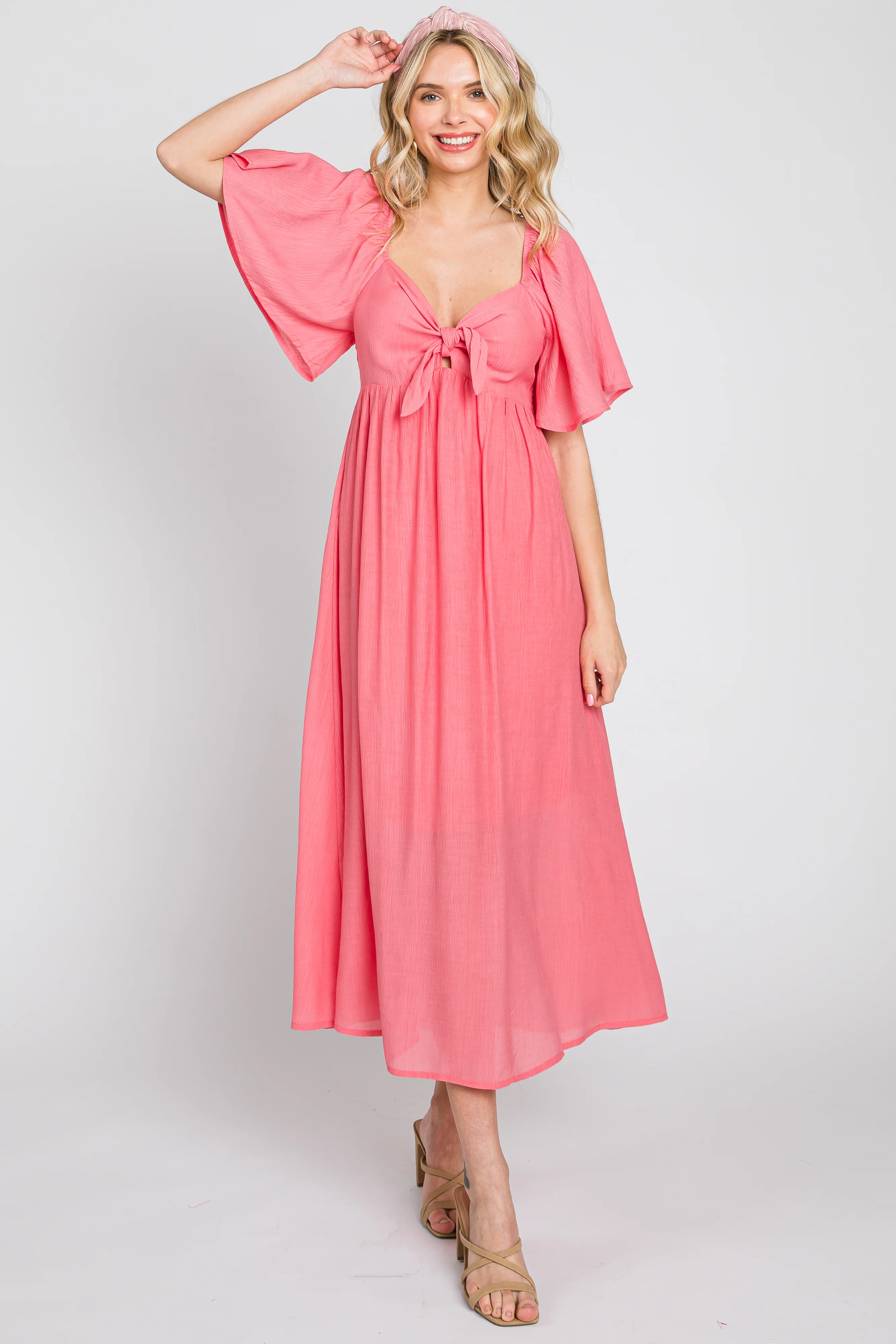 Coral Front Tie Ruffle Sleeve Maternity Midi Dress - Image 5