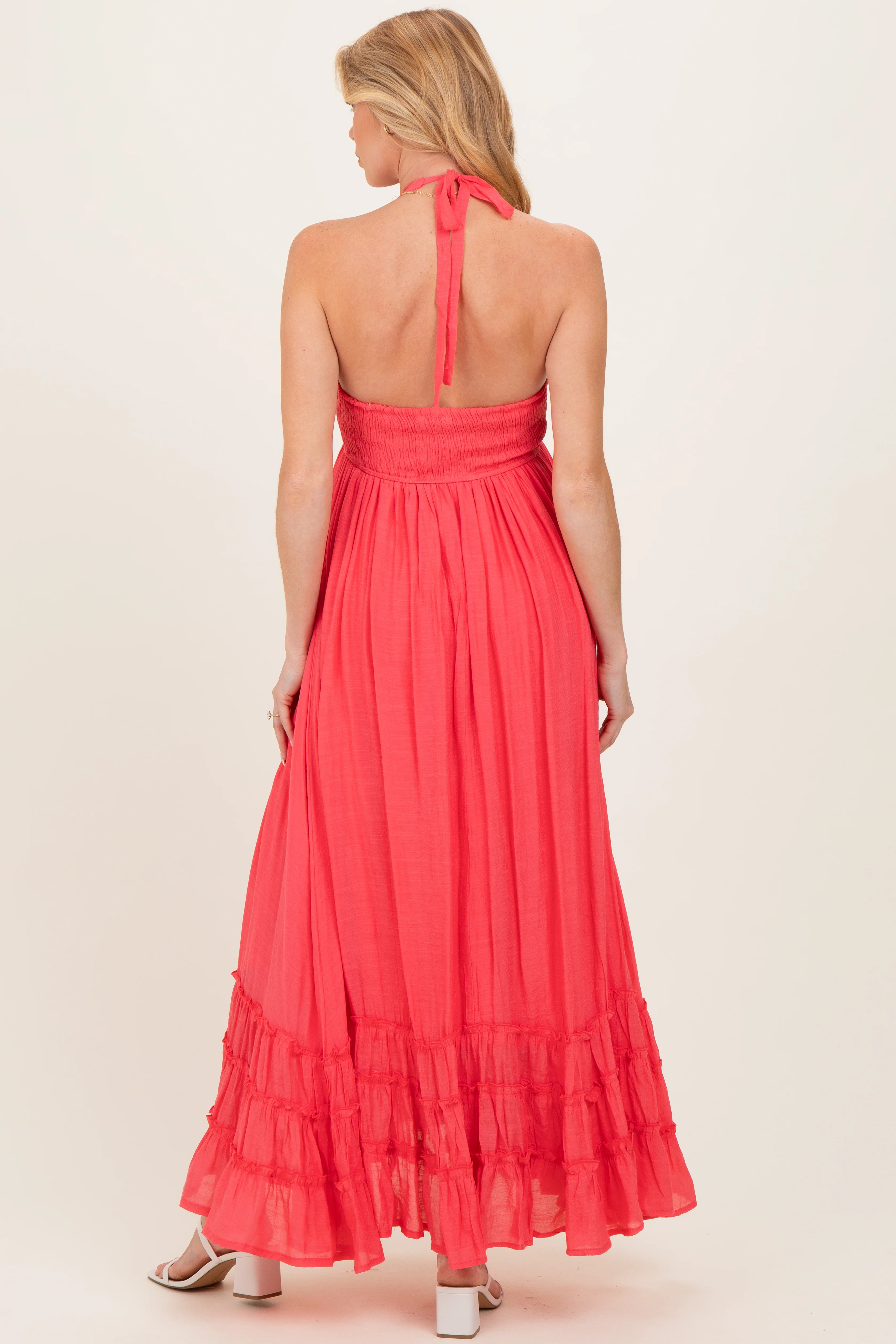 Coral Halter Neck Smocked Maternity Maxi Dress - Image 4