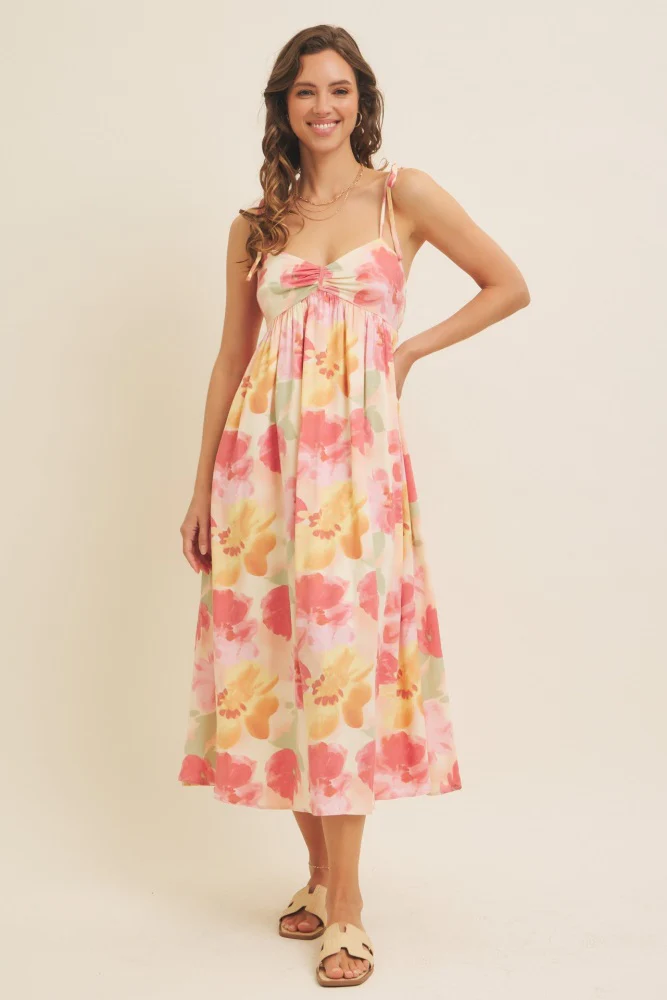 Coral Multi Floral Print Ruched Shoulder Tie Maternity Midi Dress - Image 5