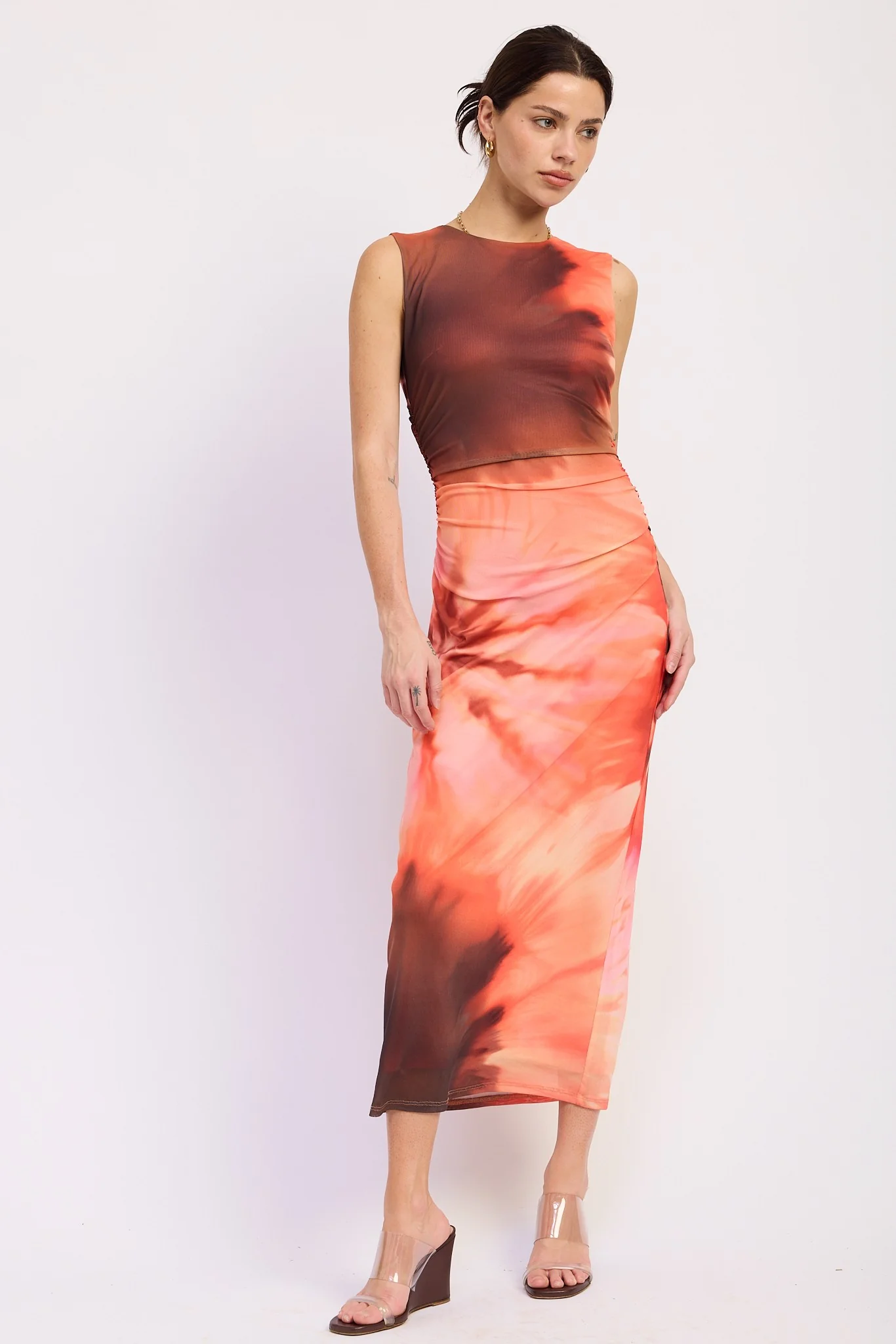 Coral Multi Tie Dye Mesh Maxi Dress With Side Ruching