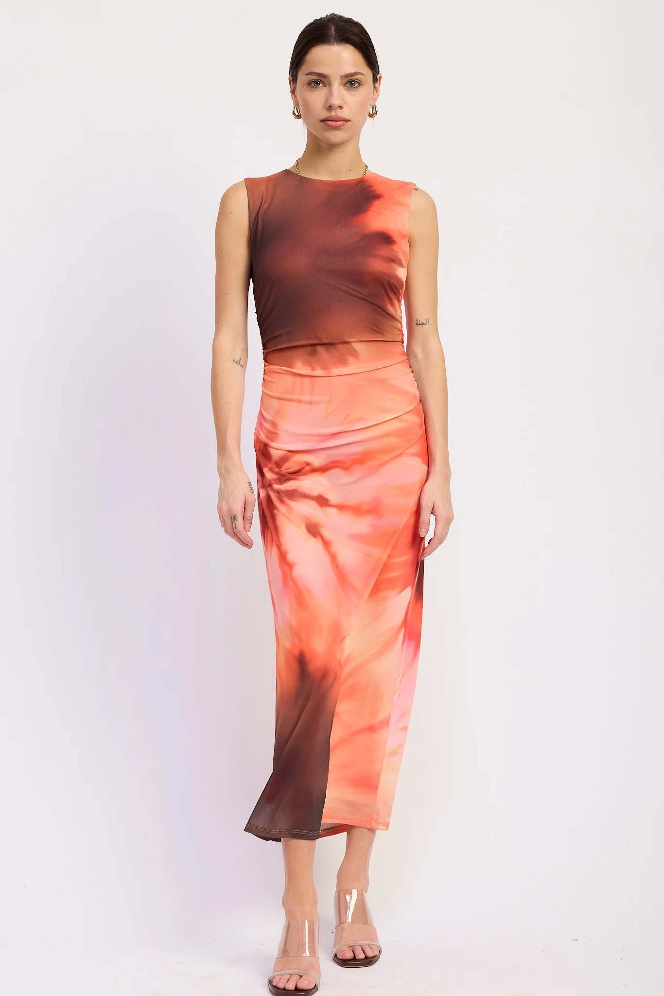 Coral Multi Tie Dye Mesh Maxi Dress With Side Ruching - Image 2