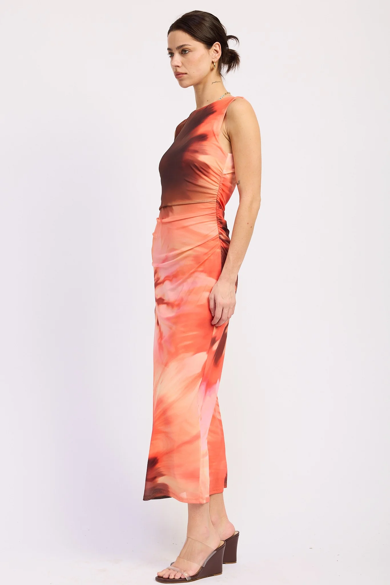 Coral Multi Tie Dye Mesh Maxi Dress With Side Ruching - Image 3