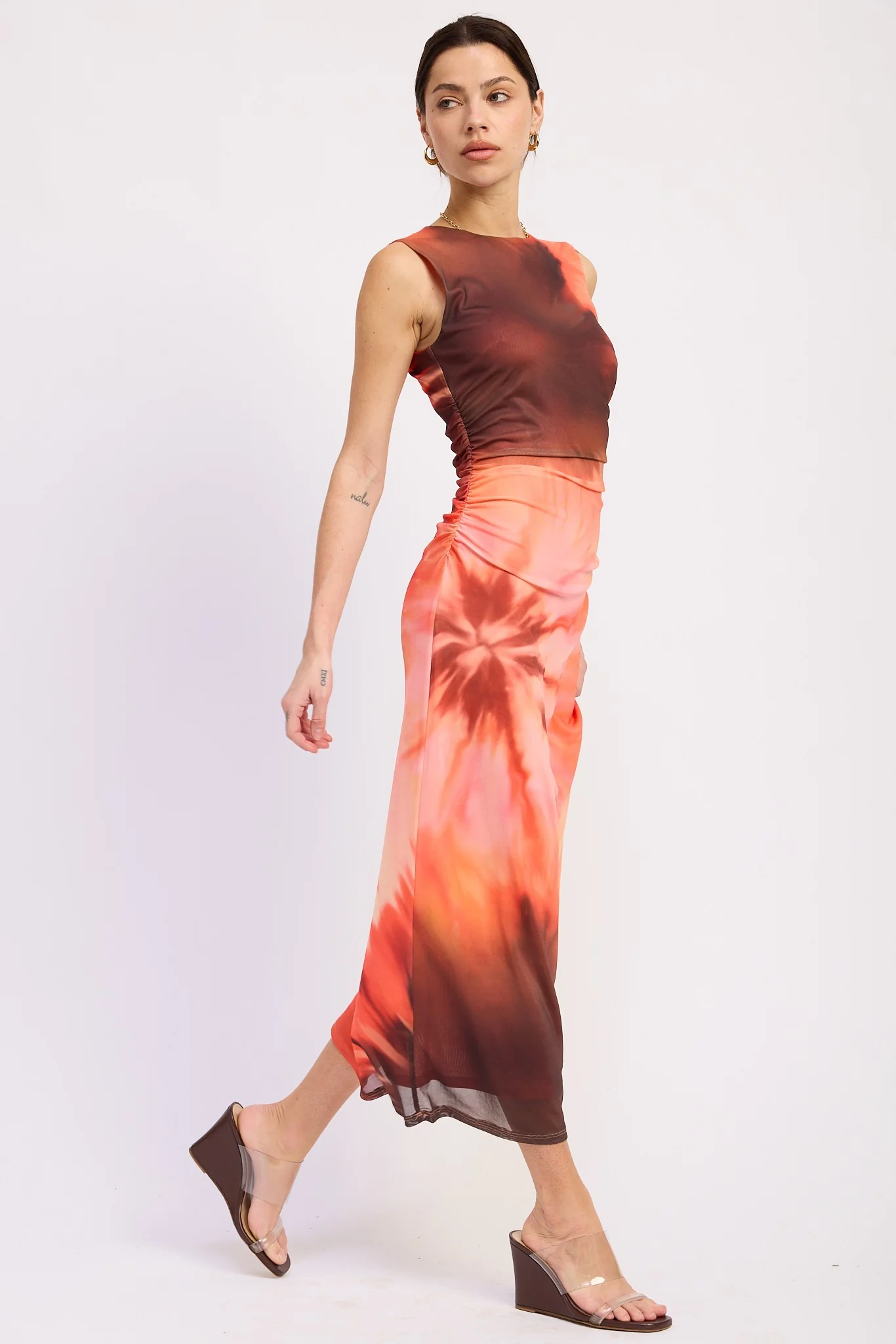 Coral Multi Tie Dye Mesh Maxi Dress With Side Ruching - Image 4