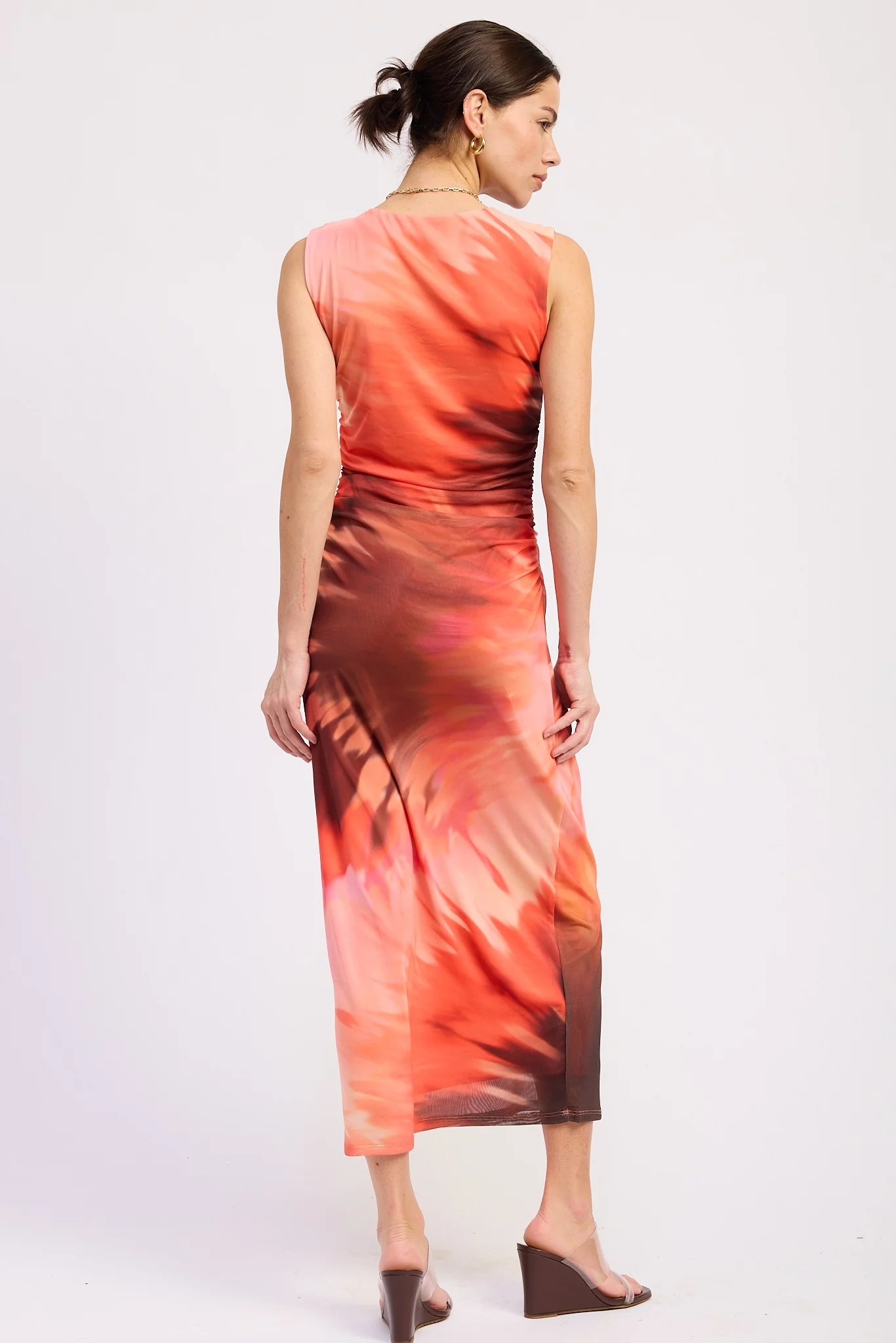 Coral Multi Tie Dye Mesh Maxi Dress With Side Ruching - Image 5