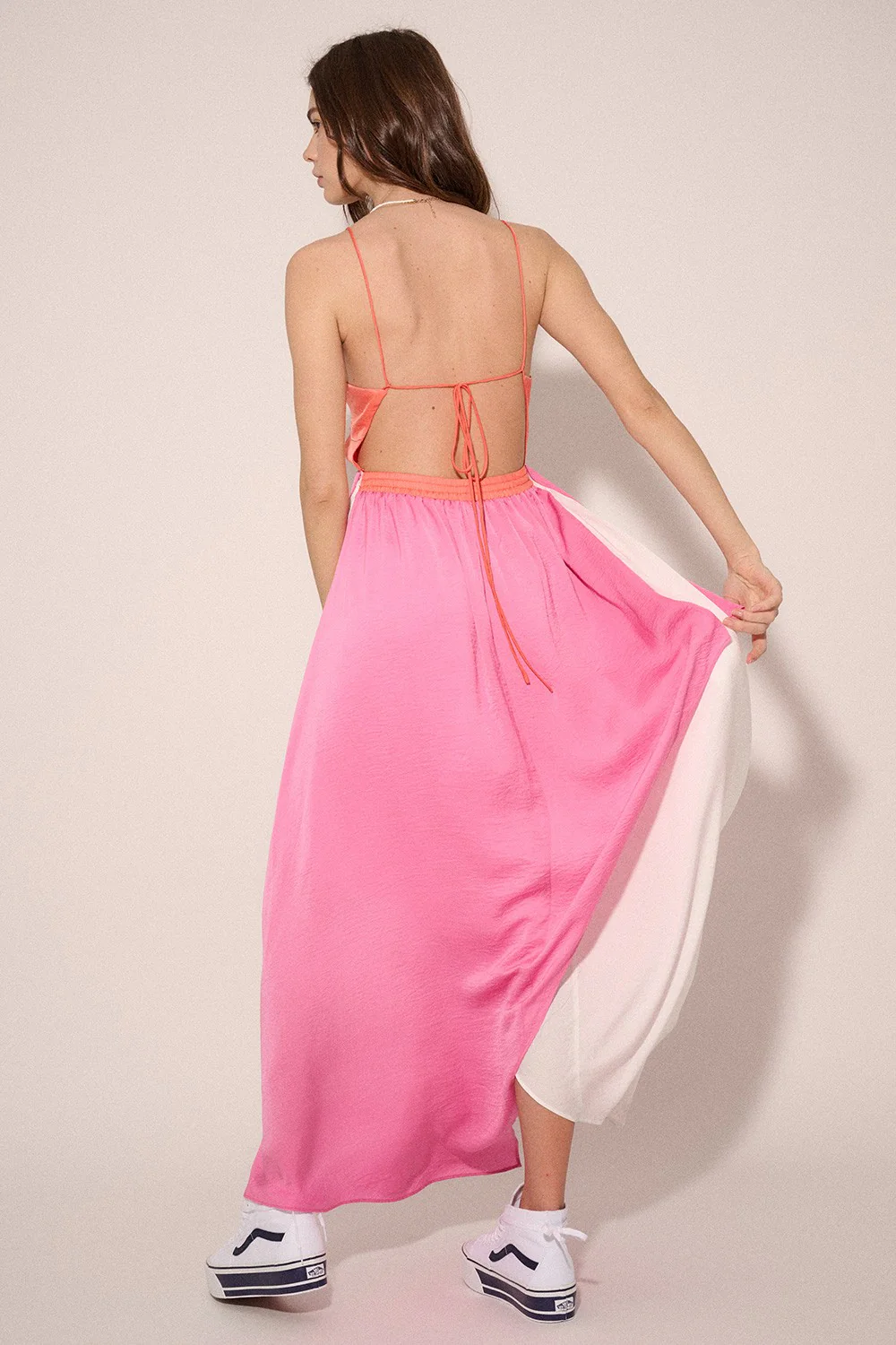 Coral-Pink-Cream Color Block Plunge Neck Wrap Tulip Hem Maxi Dress - Image 3