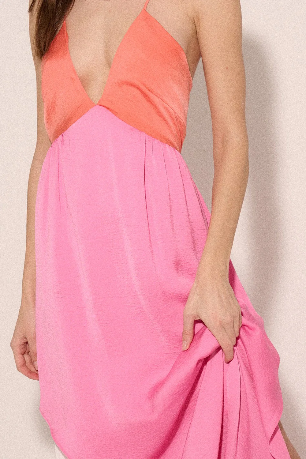 Coral-Pink-Cream Color Block Plunge Neck Wrap Tulip Hem Maxi Dress - Image 4