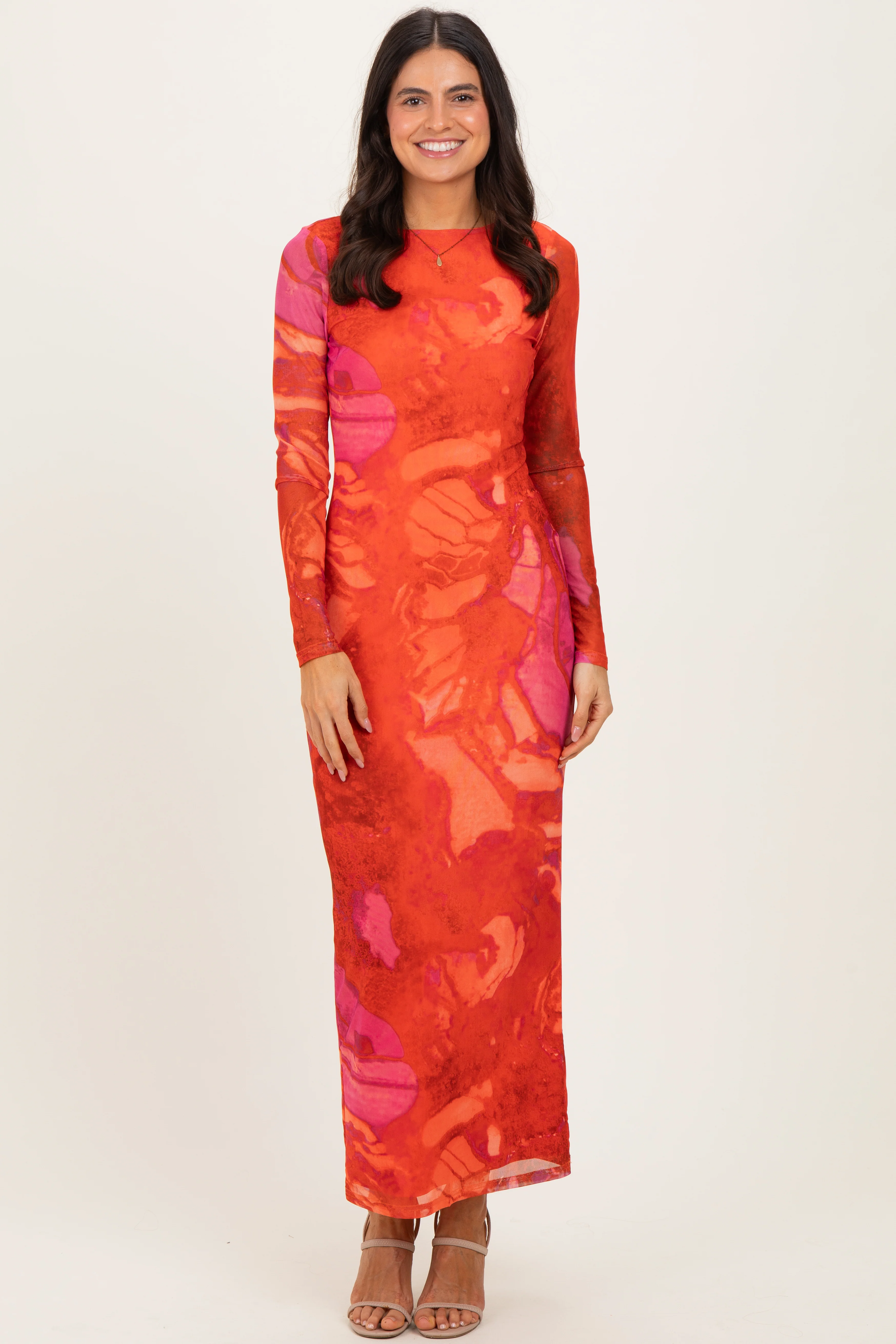 Coral Printed Mesh Open Back Maternity Maxi Dress - Image 5