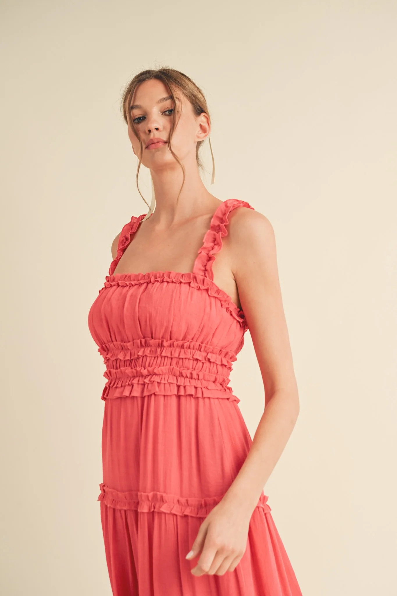 Coral Red Ruffled Midi Dress - Image 4