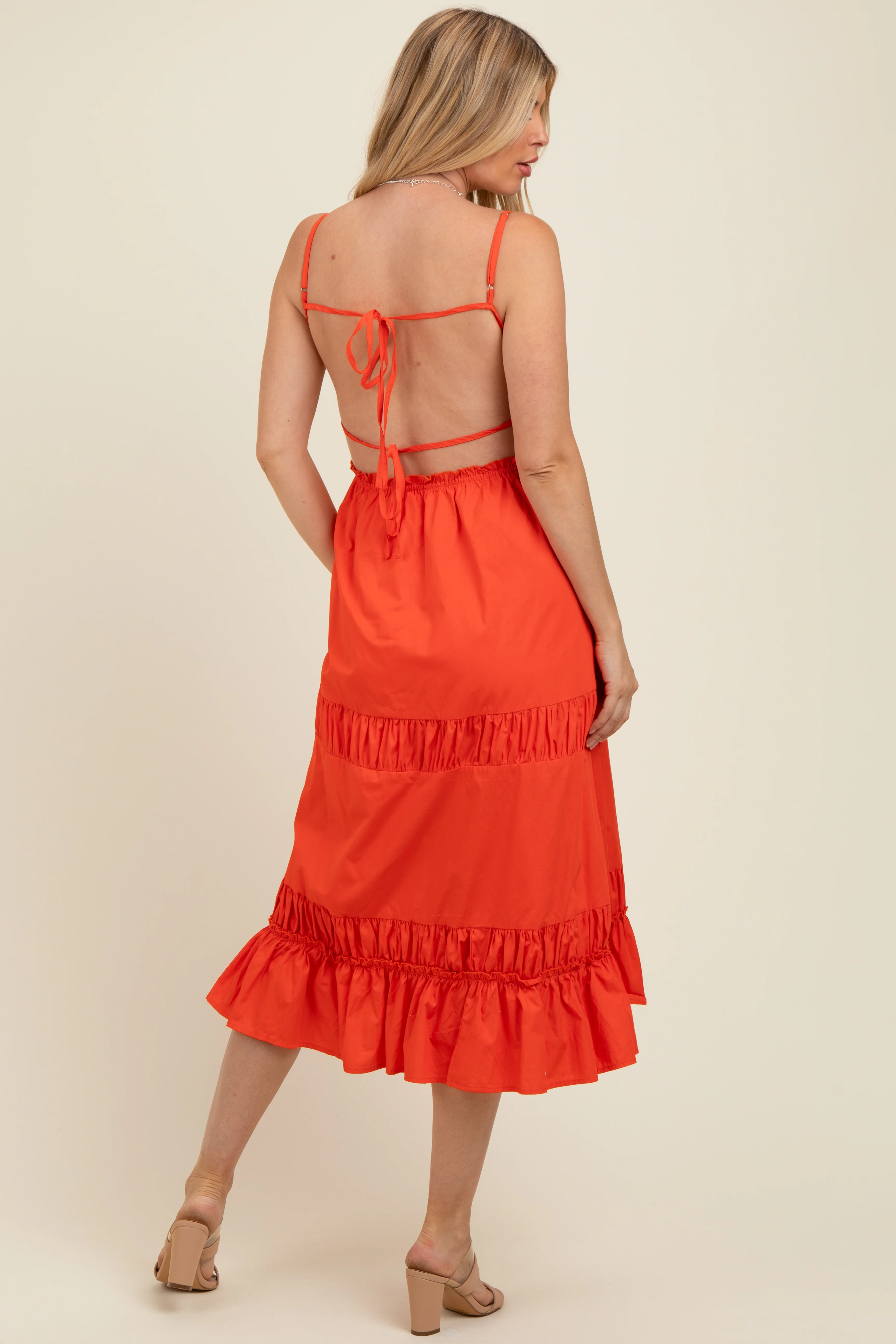 Coral Ruffle Accent Backless Tie Detail Maternity Midi Dress - Image 2