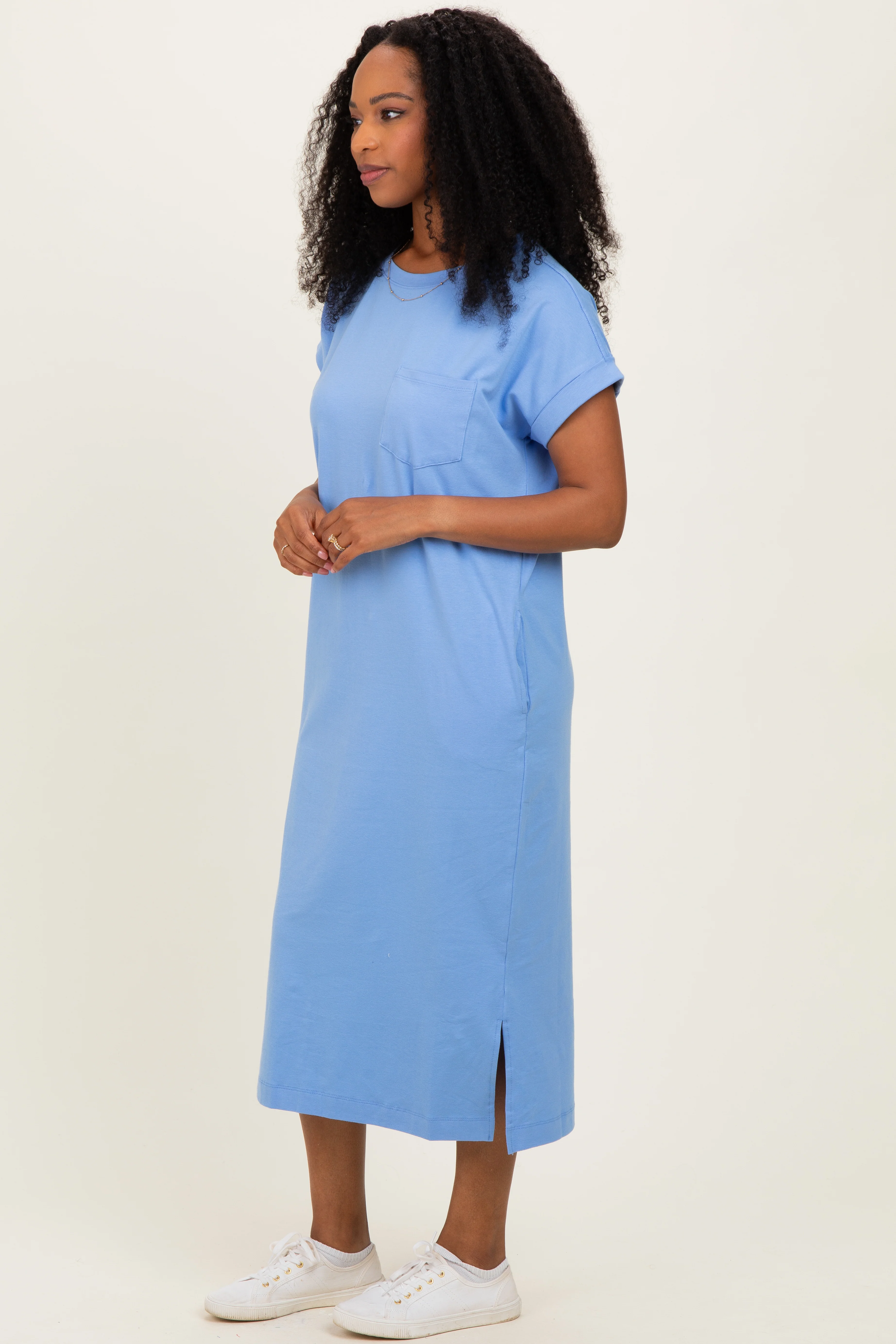 Cornflower Blue Pocket Front Midi T-Shirt Dress - Image 2