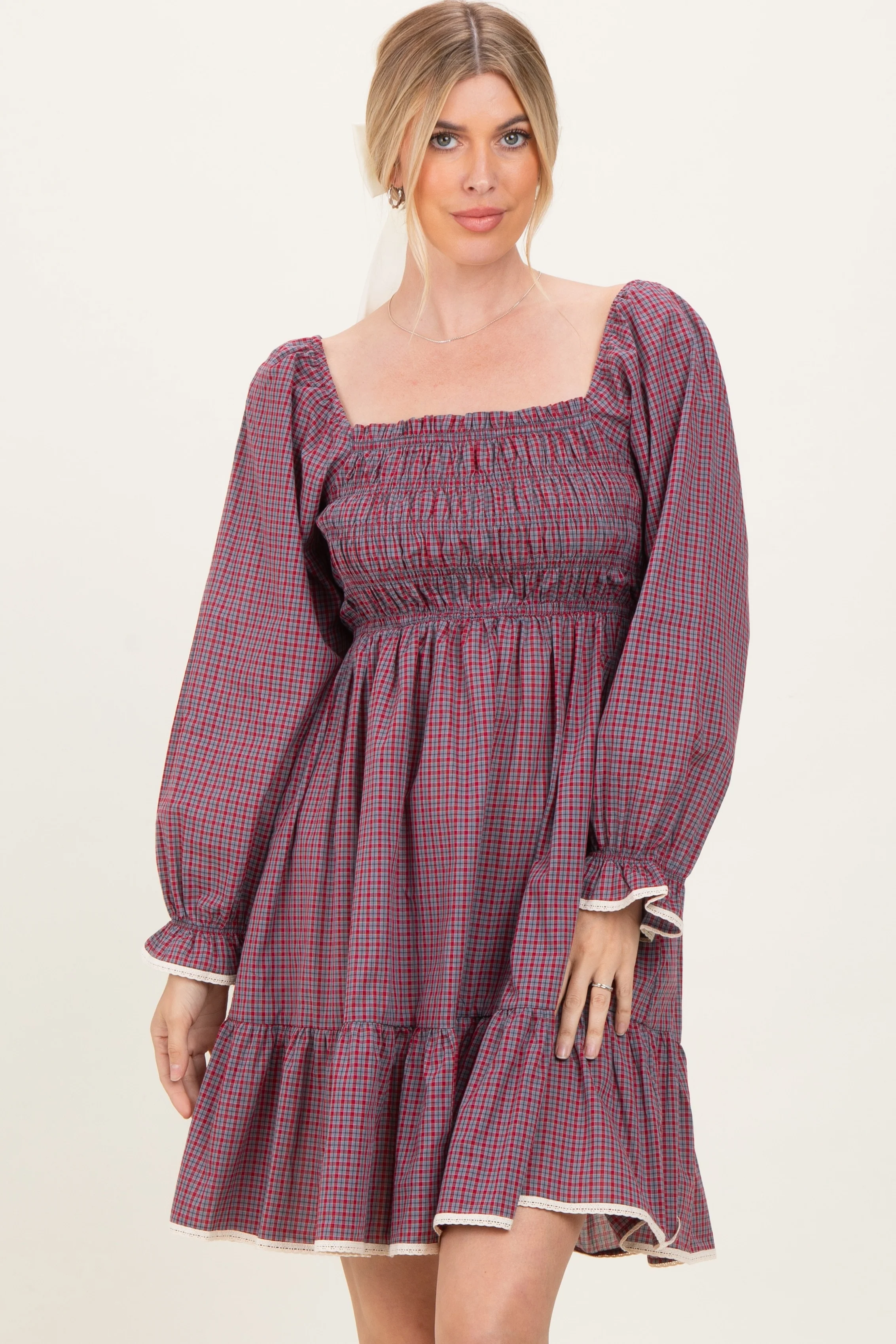 Cranberry Vintage Checked Plaid Square-Neck Dress