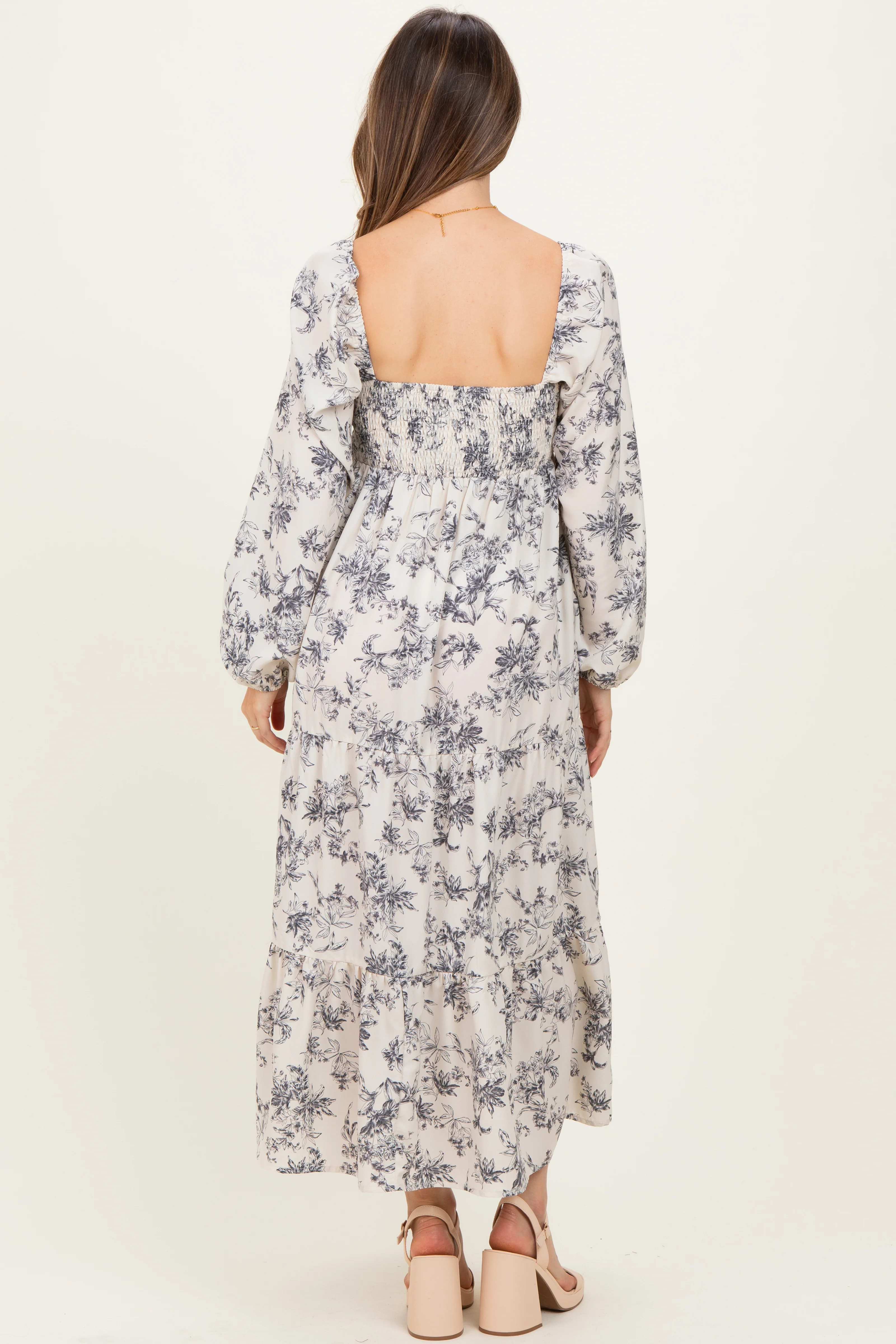 Cream Antique Floral Neck Maternity Maxi Dress - Image 3