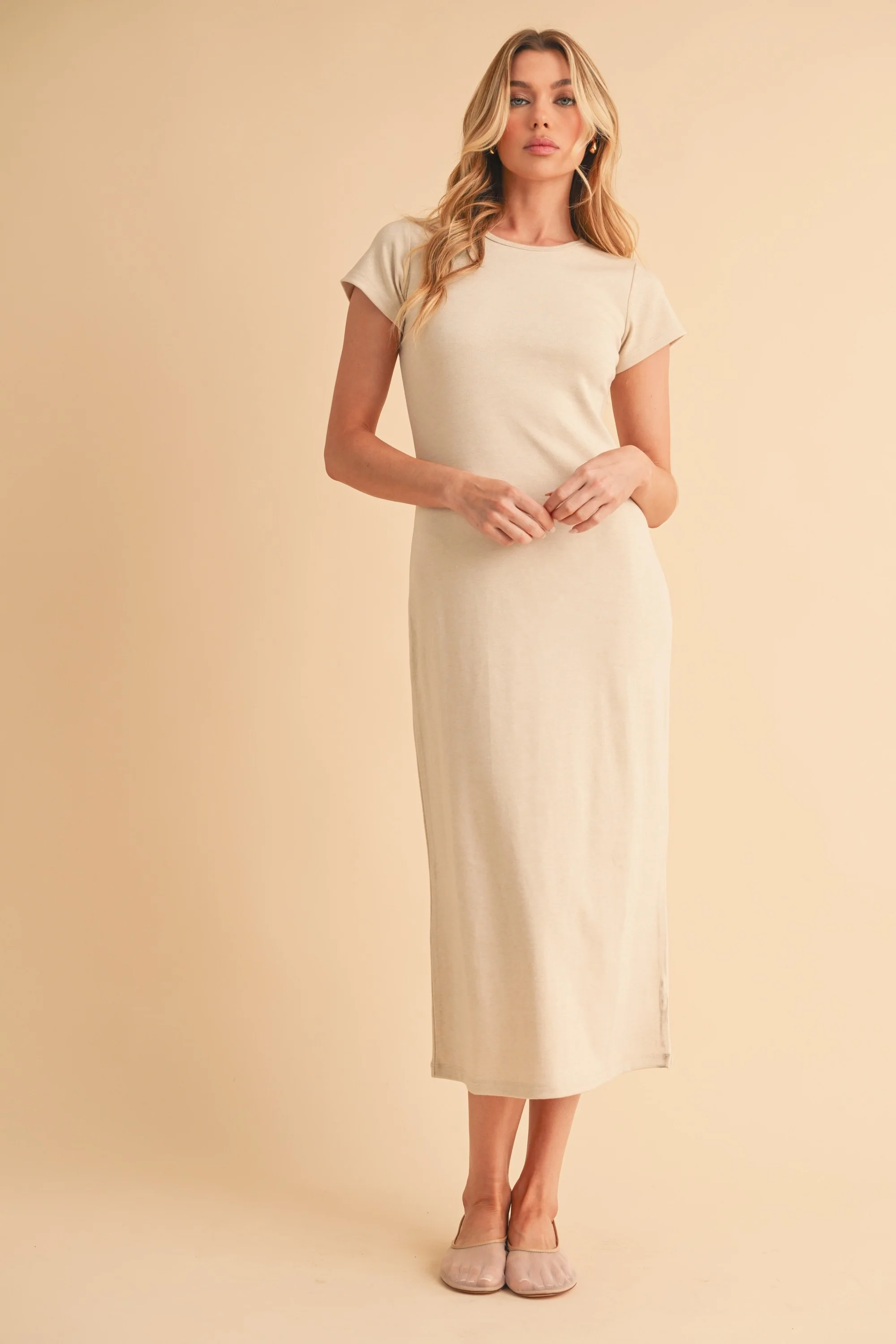 Cream Basic Crewneck Maternity Midi Dress - Image 4