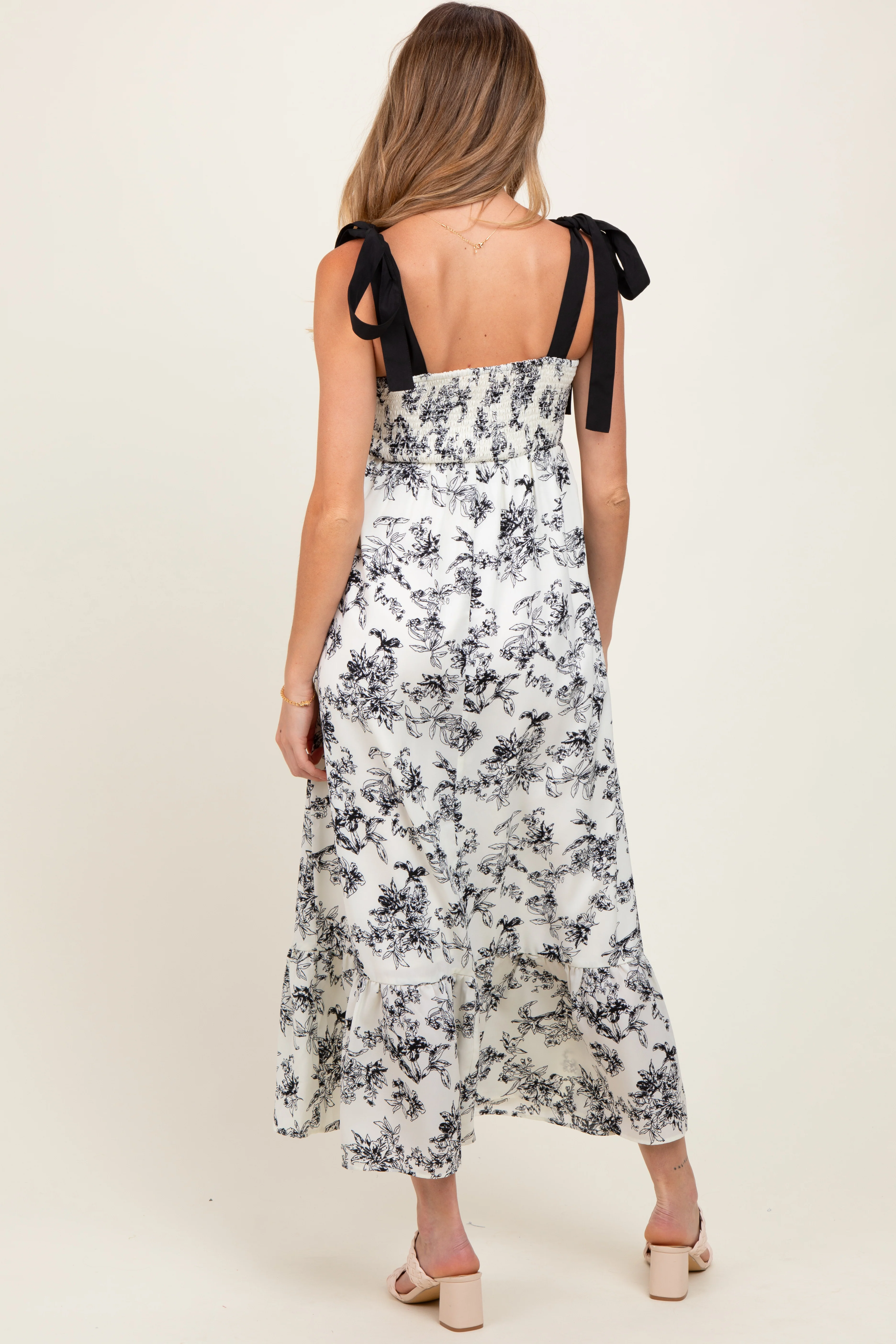 Cream/Black Floral Print Shoulder Bow Tie Maternity Midi Dress - Image 4