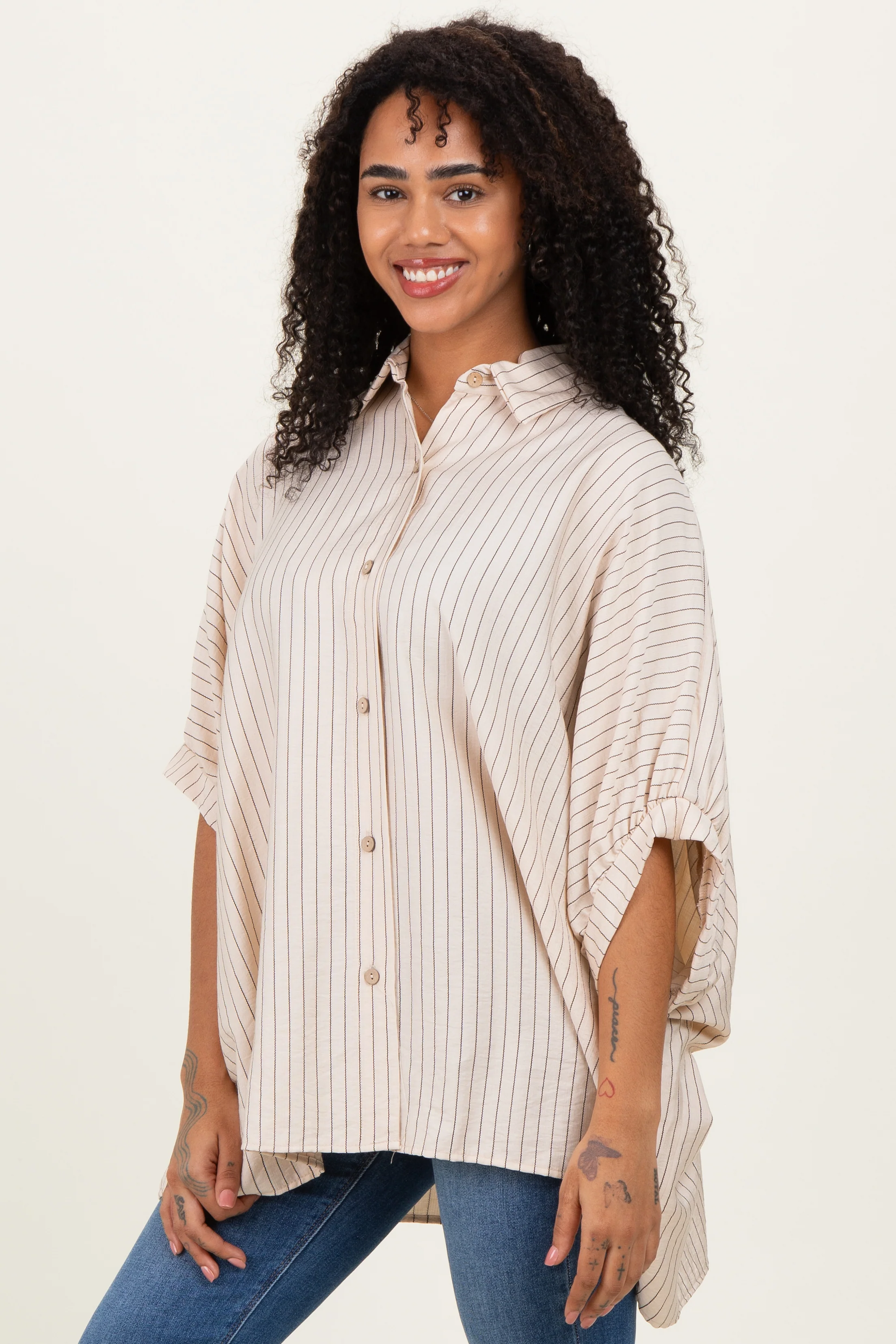 Cream/Black Striped Short Sleeve Collared Button Down Blouse - Image 3