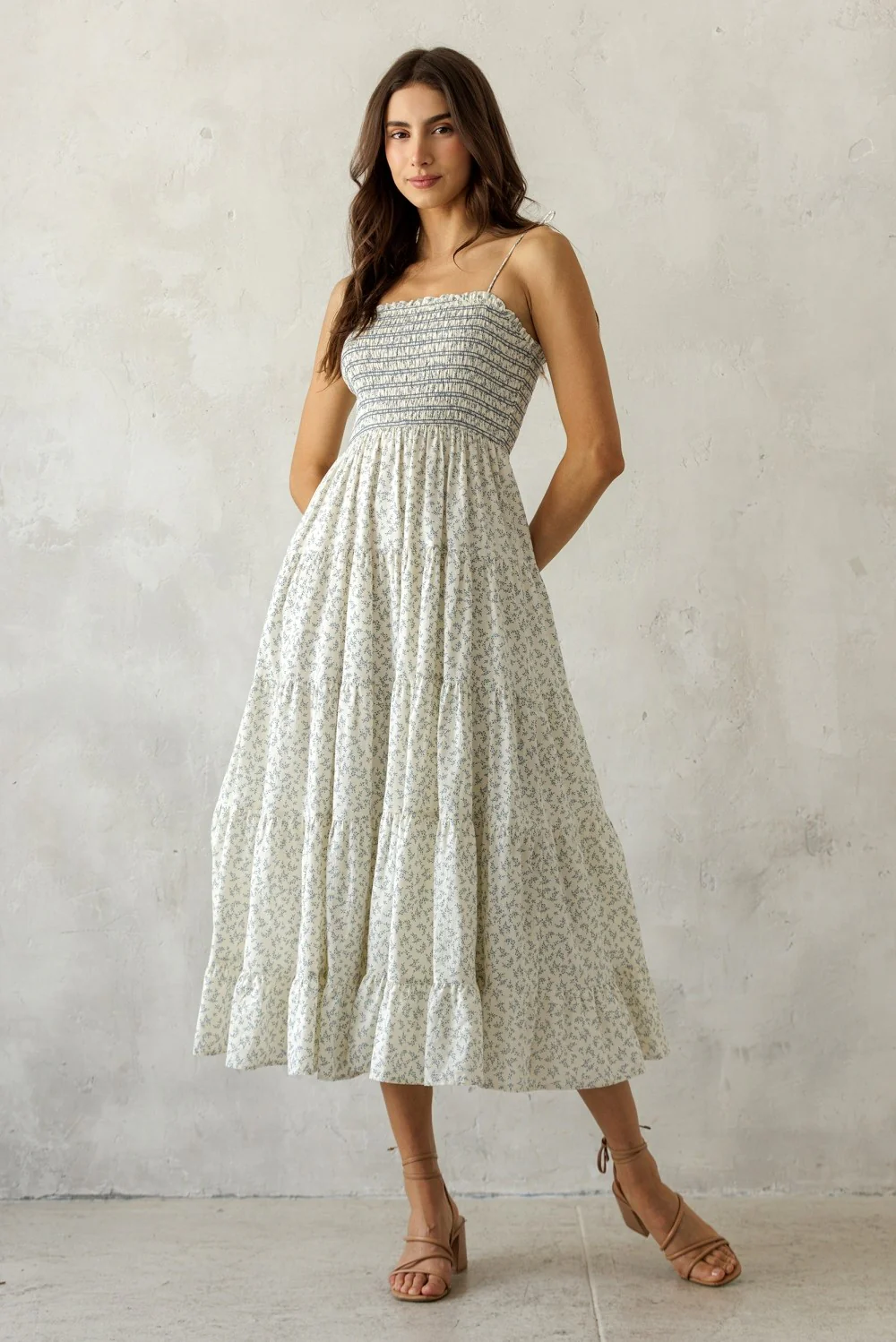 Cream Blue Floral Smocked Tiered Midi Dress