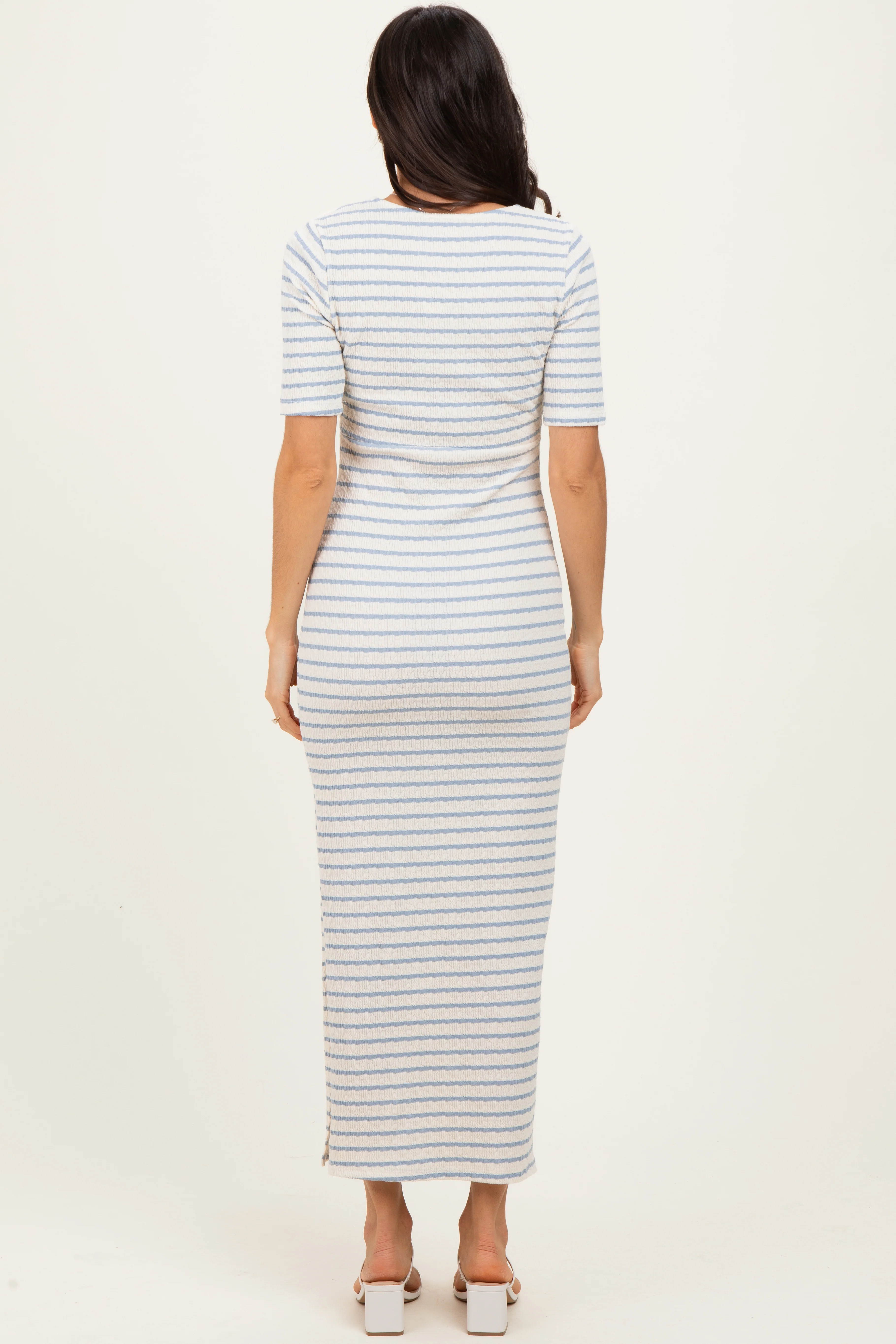 Cream/ Blue Striped Knit Short Sleeve Maxi Dress - Image 4