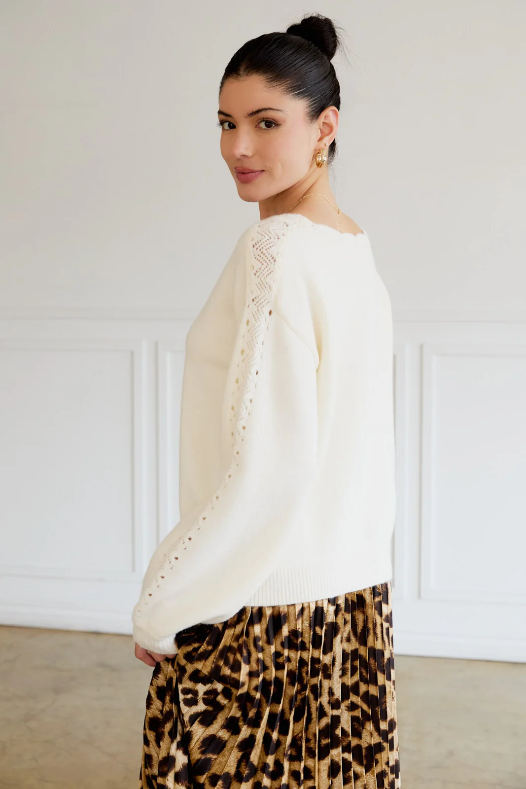 Cream Boat Neck Pointelle Detail Sweater - Image 3
