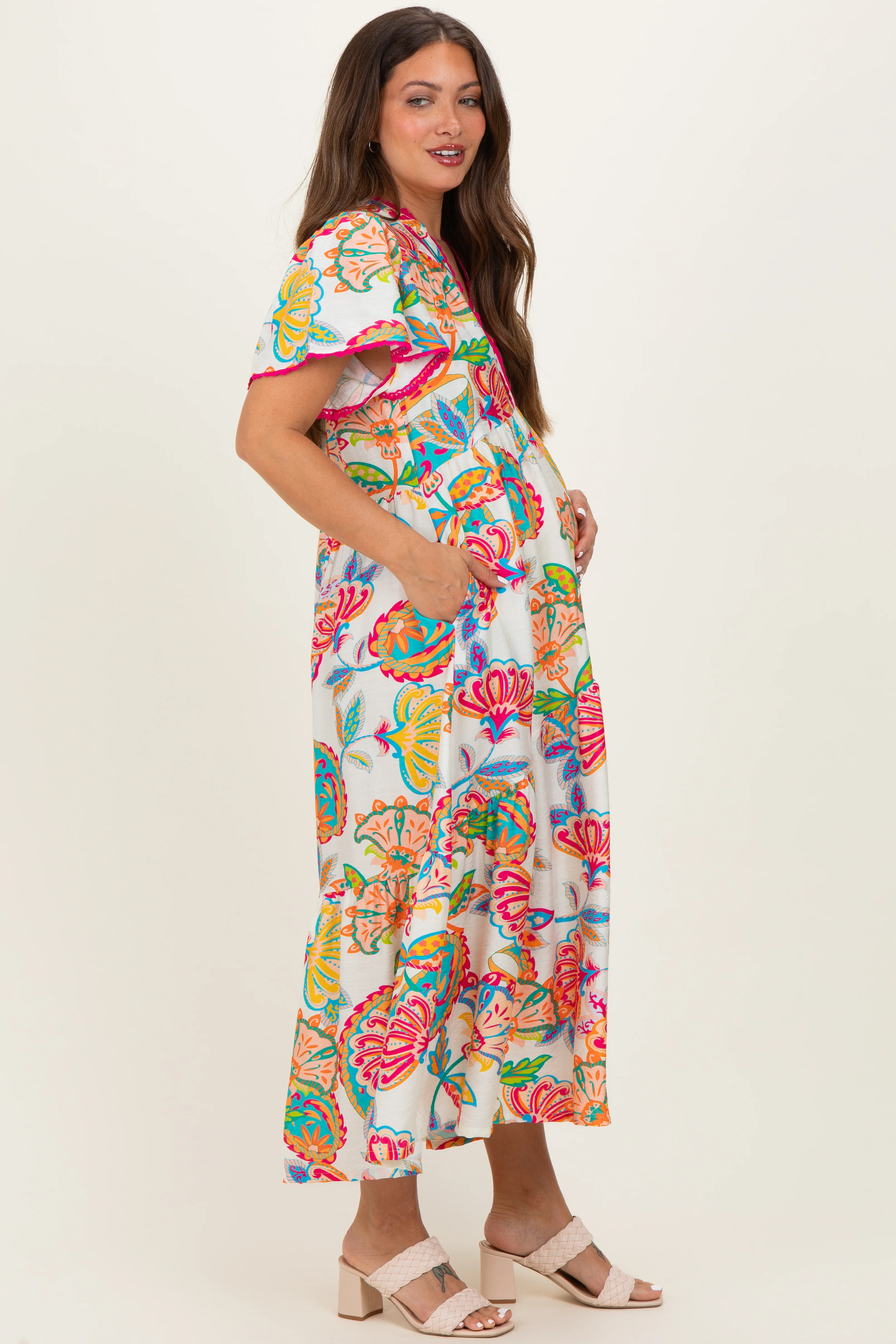 Cream Boho Print Lace Trim Tiered Maternity Midi Dress - Image 3