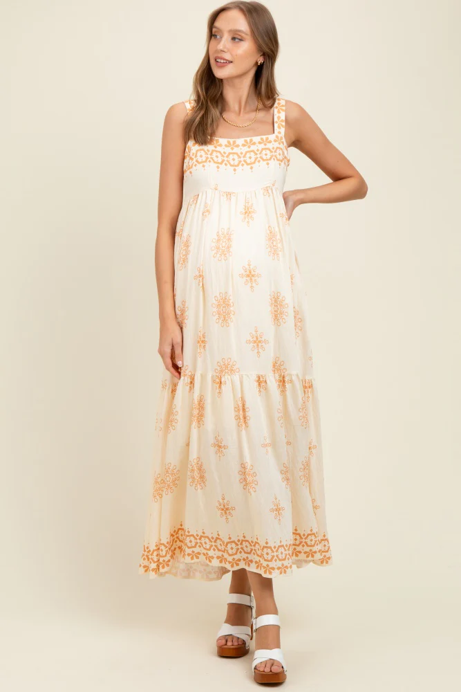 Cream Border Print Sleeveless Tiered Maternity Maxi Dress - Image 2