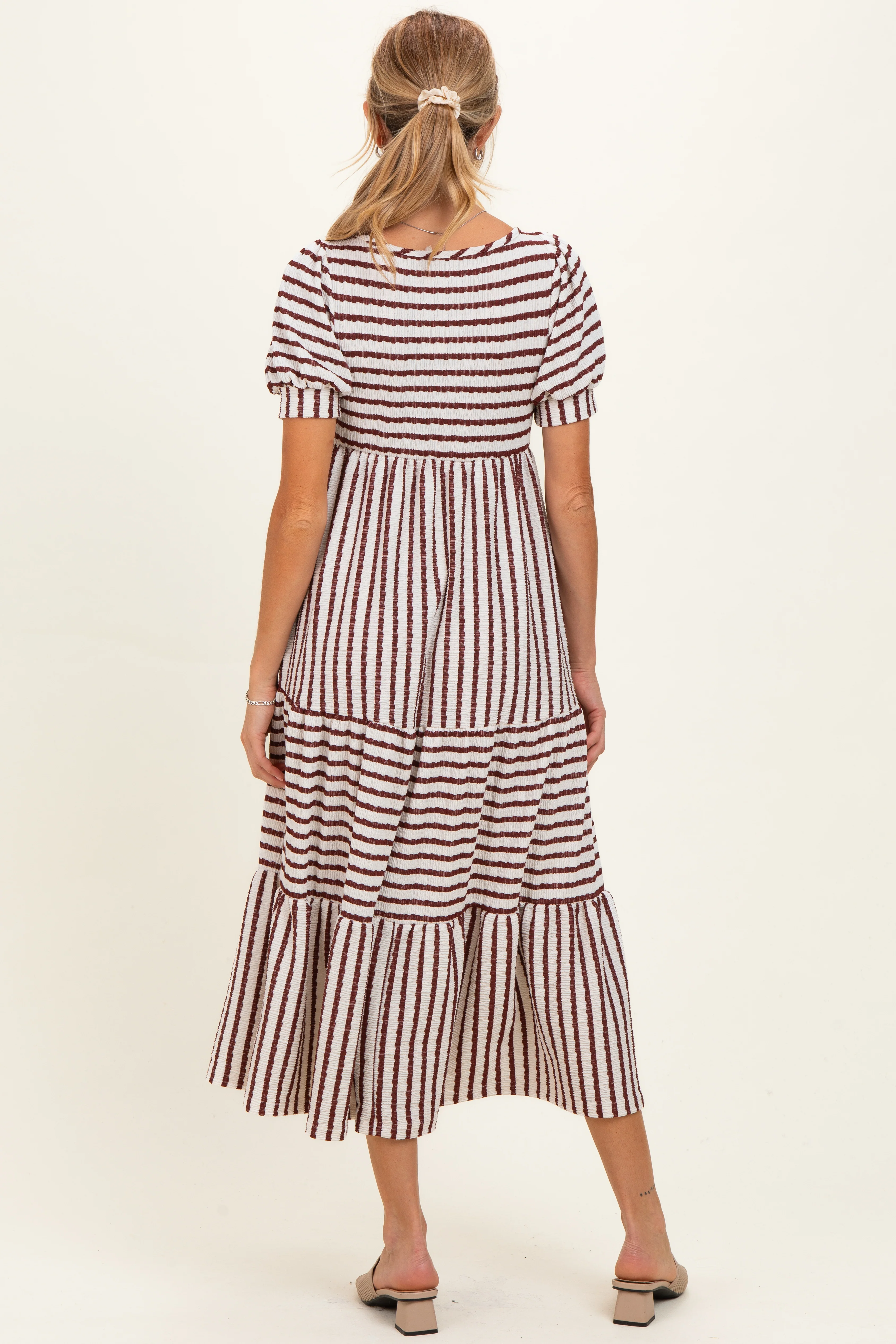 Cream/ Burgundy Striped Short Sleeve Tiered Maternity Maxi Dress - Image 3