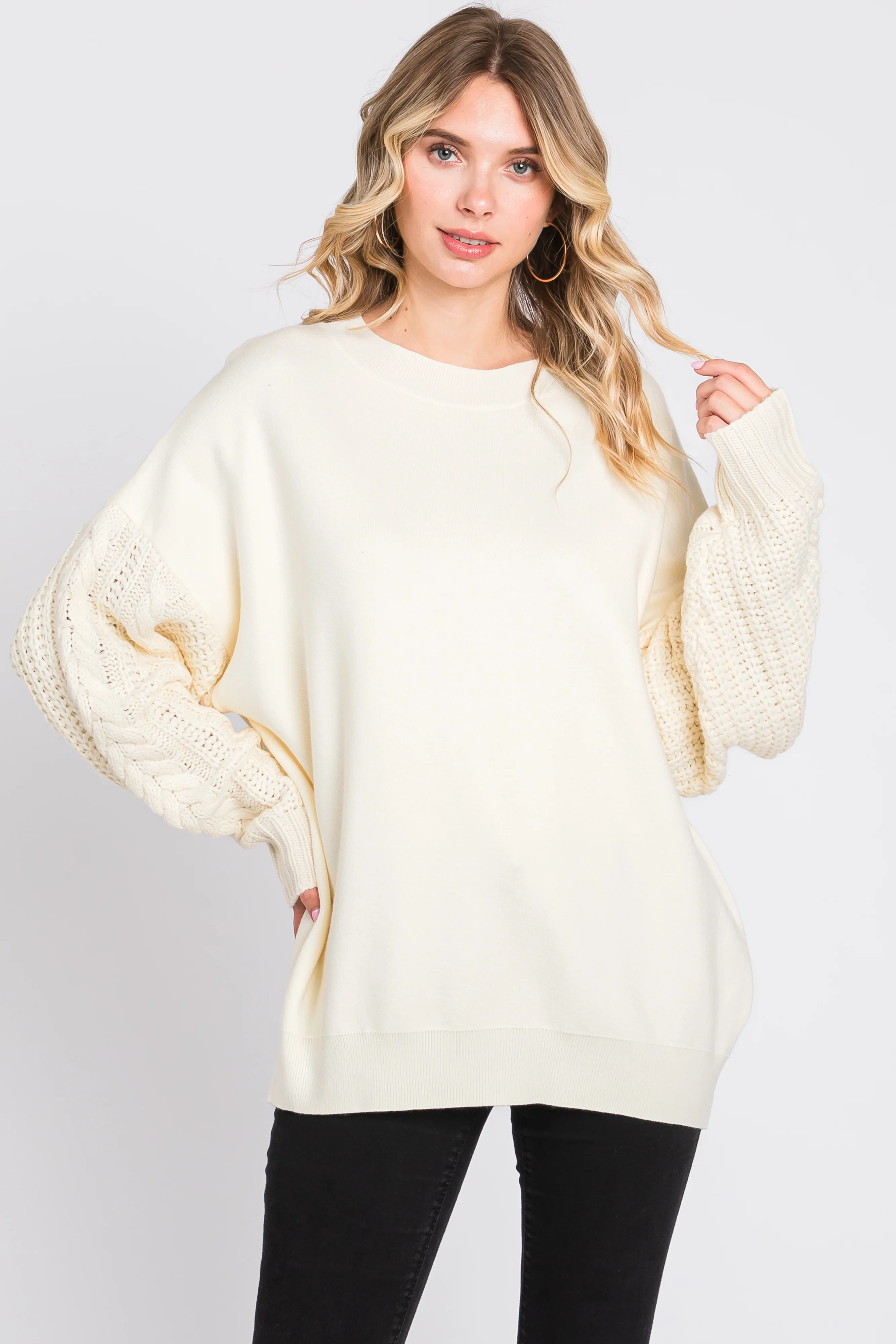 Cream Cable Knit Sleeve Sweater - Image 2
