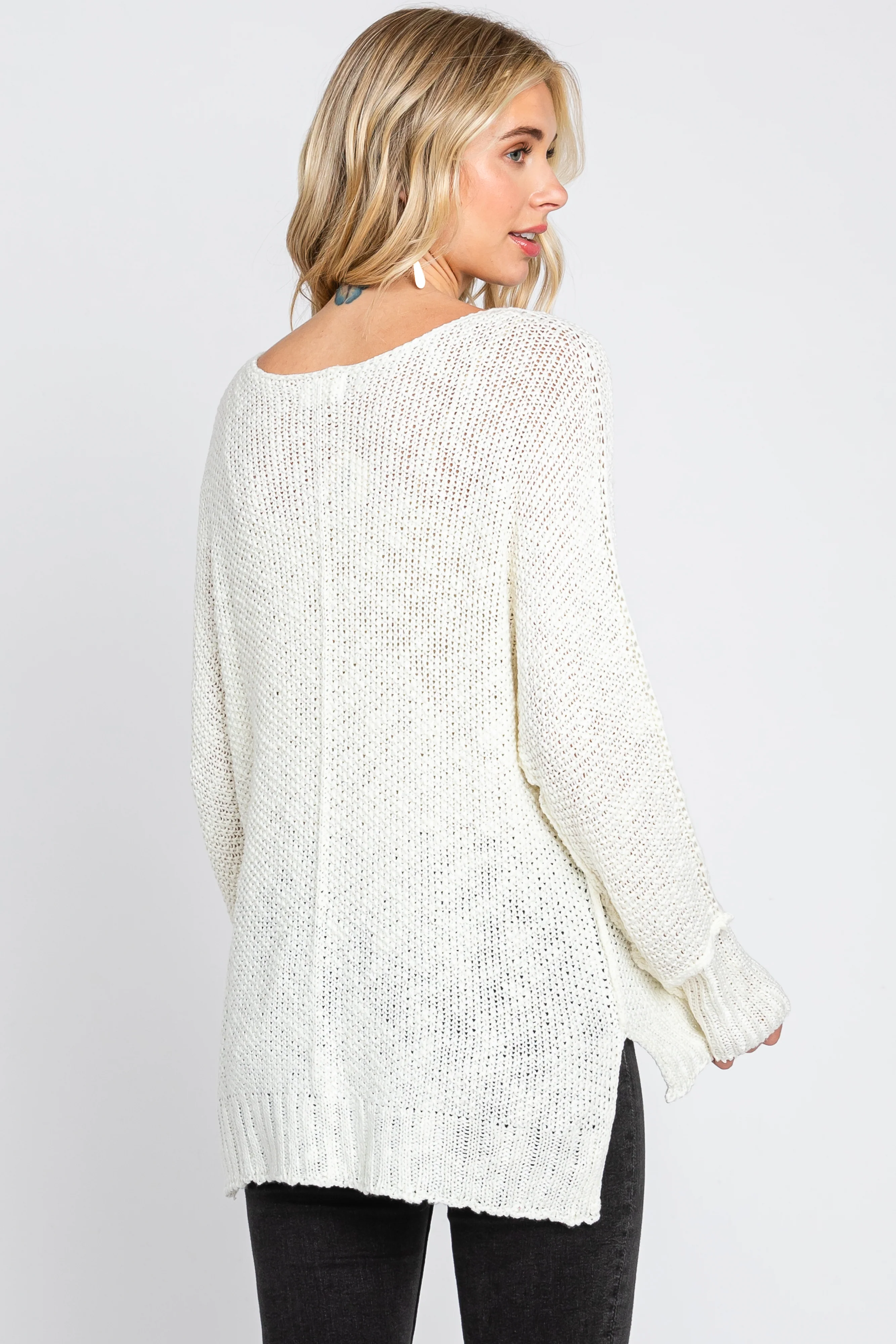 Cream Chunky Knit Side Slit Sweater - Image 3