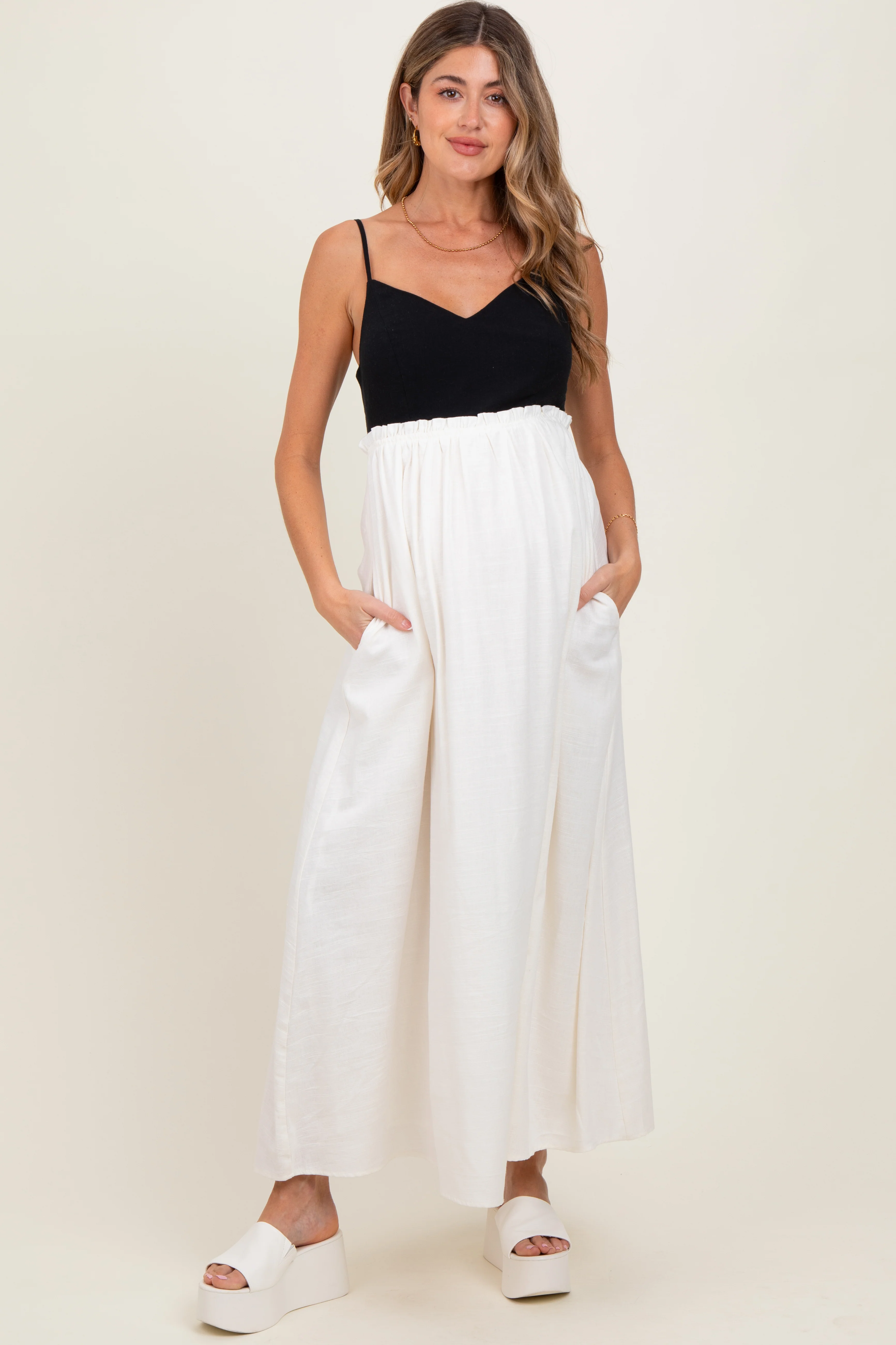 Cream Colorblock Open Tie Back Maternity Maxi Dress - Image 2