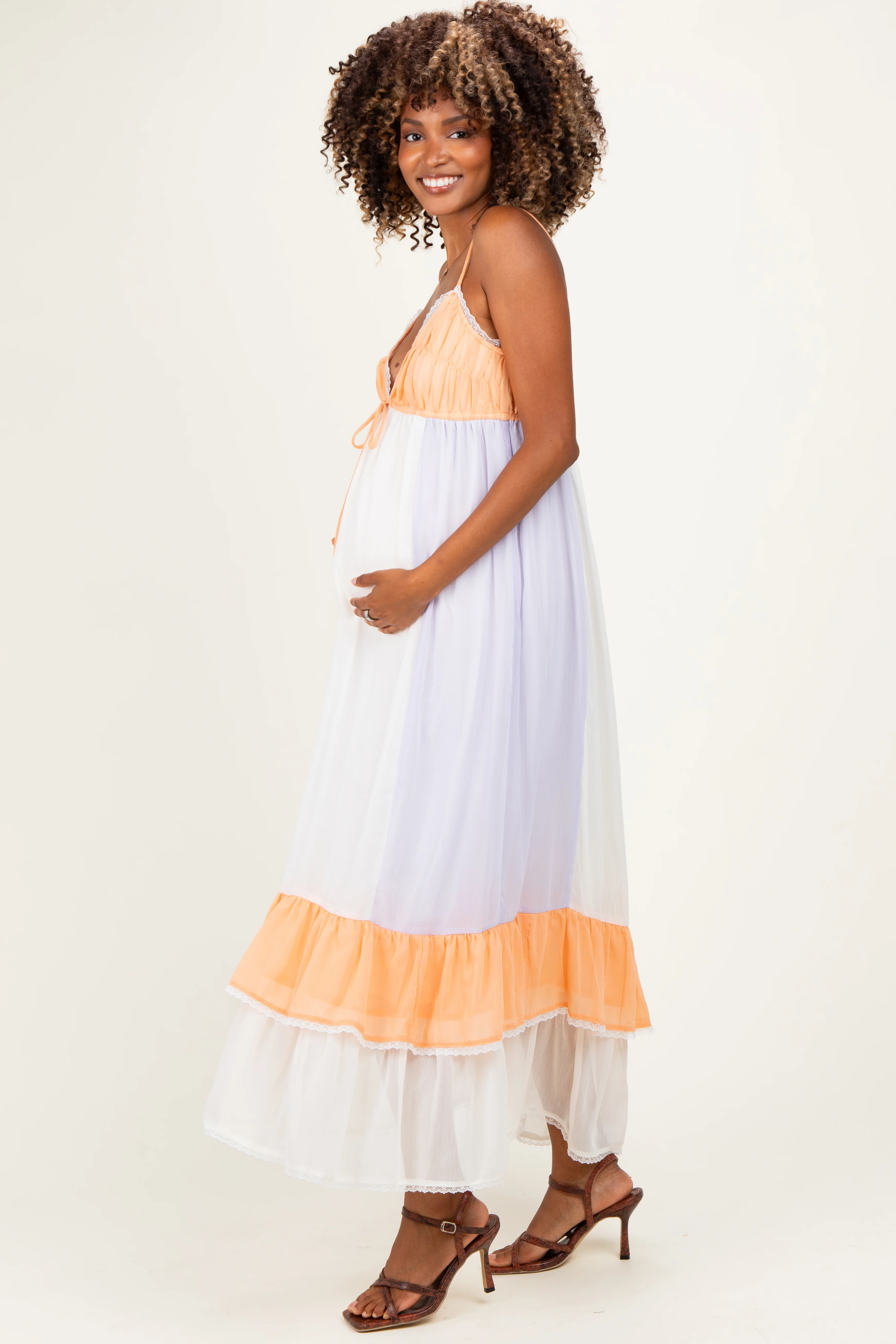 Cream Colorblock Tiered Ruffle Maternity Maxi Dress - Image 3