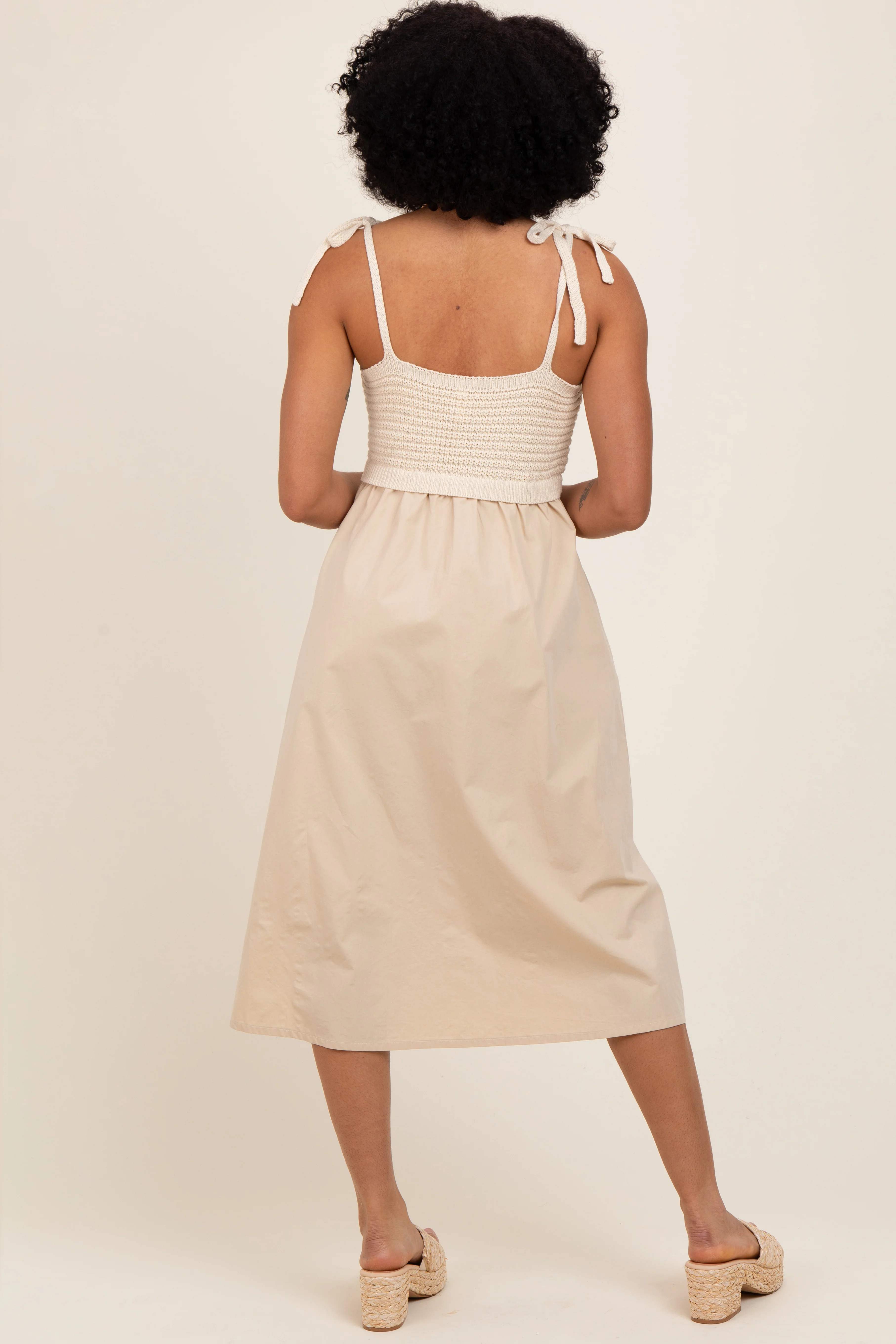 Cream Contrast Knit Bodice Midi Dress - Image 3