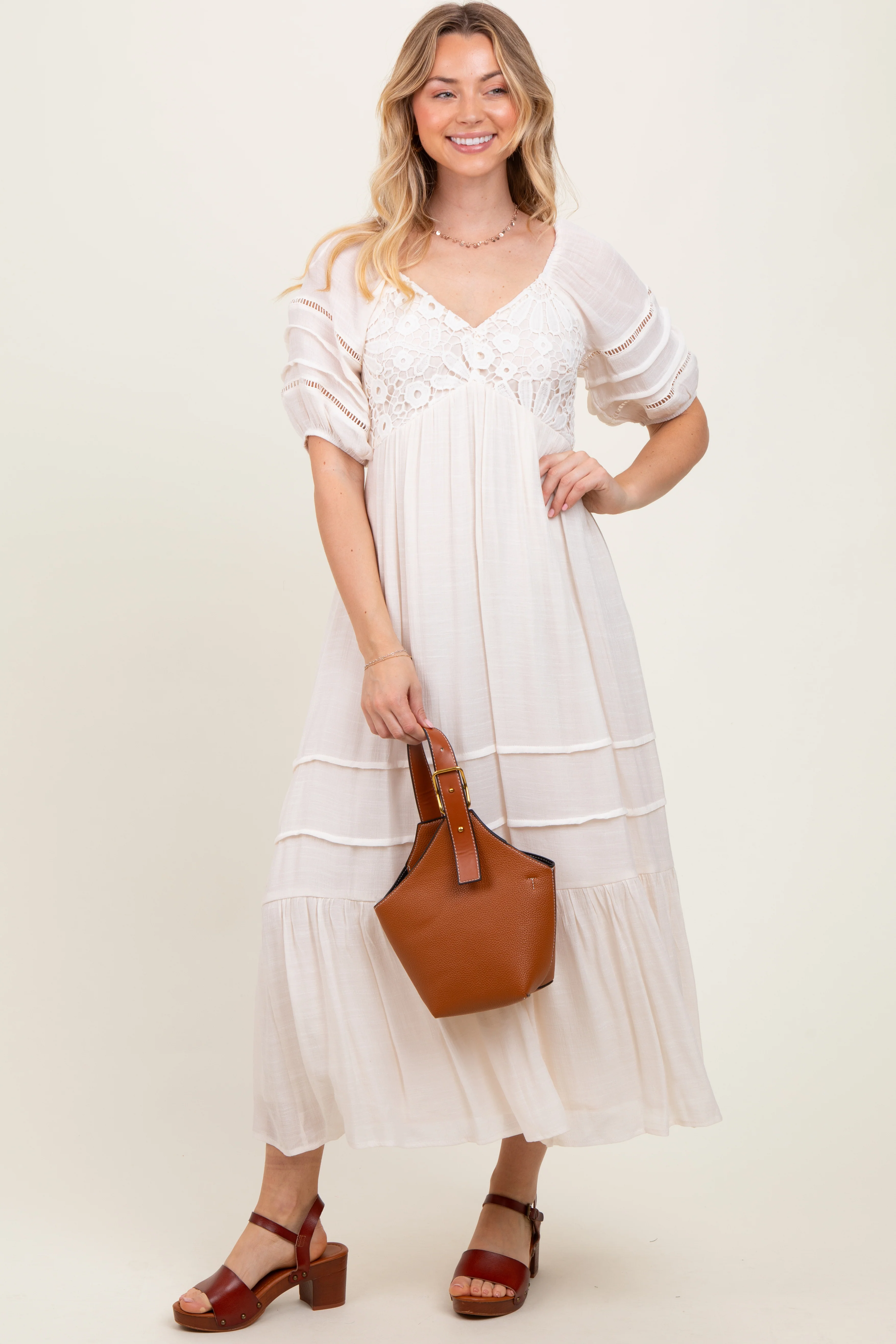 Cream Crochet Detail Bodice Maternity Midi Dress - Image 4