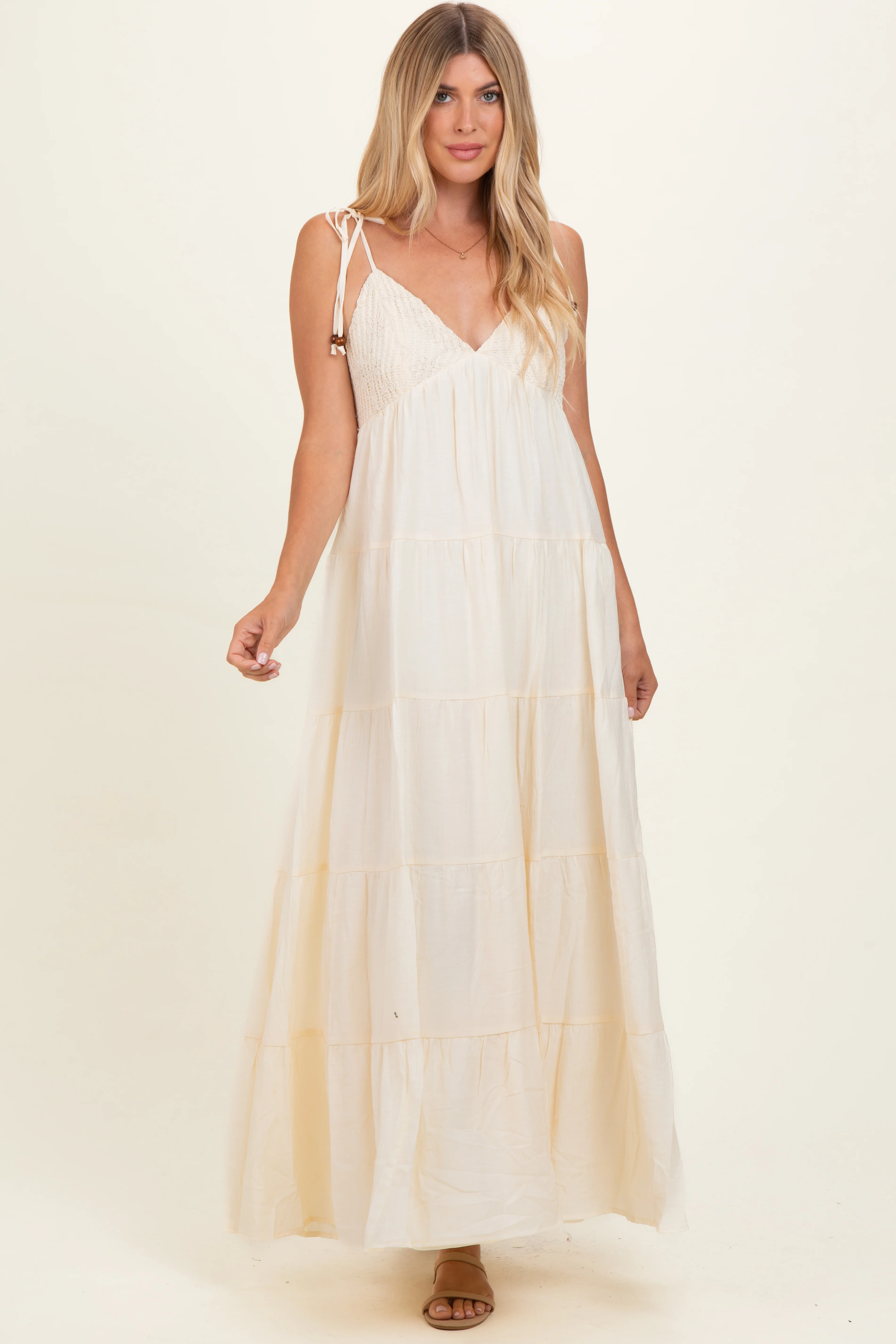 Cream Crochet Detail Tiered Shoulder Tie Maternity Maxi Dress - Image 4