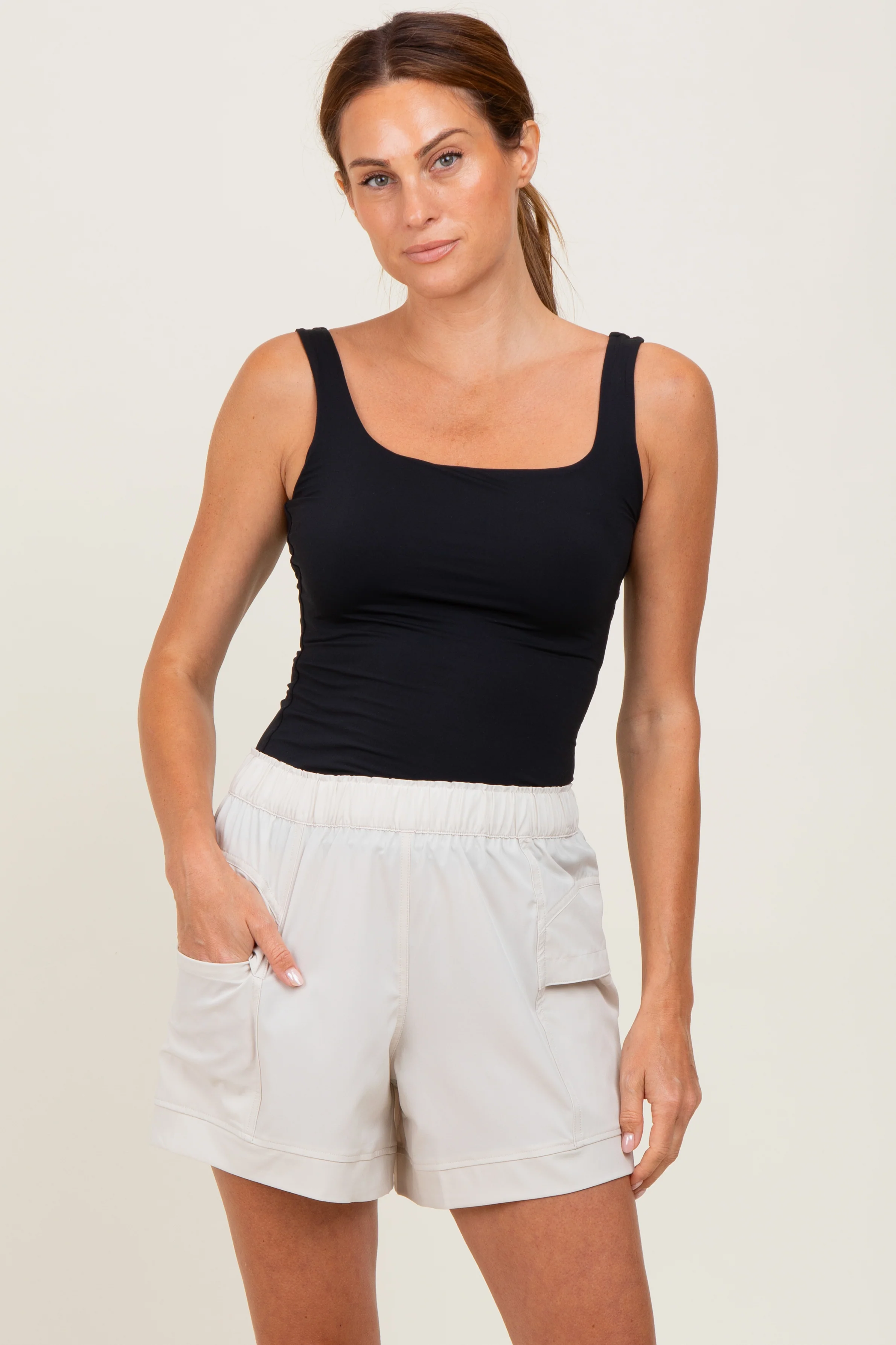 Cream Elastic Cargo Maternity Shorts - Image 6