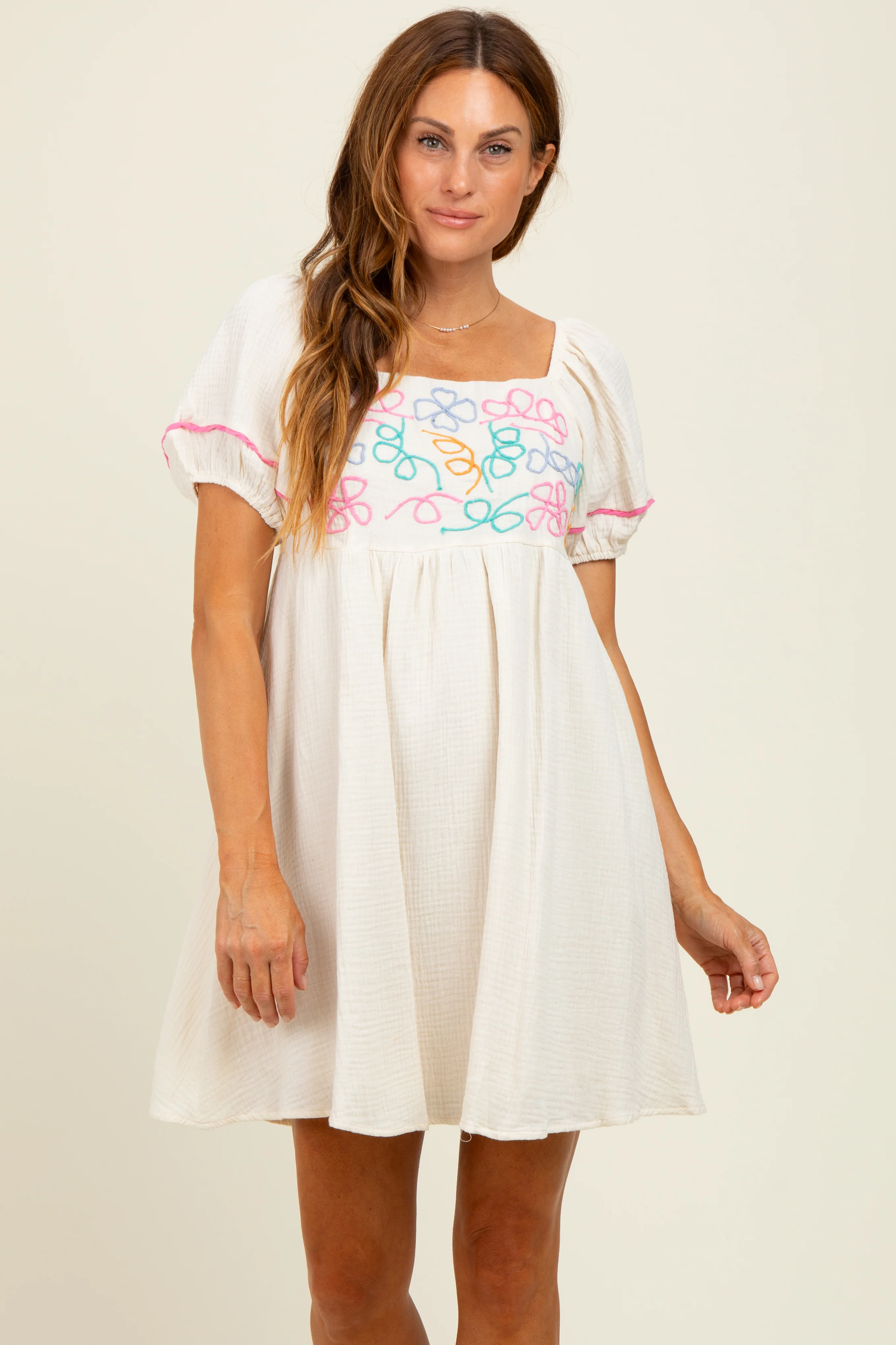Cream Embroidered Cotton Gauze Maternity Mini Dress - Image 4