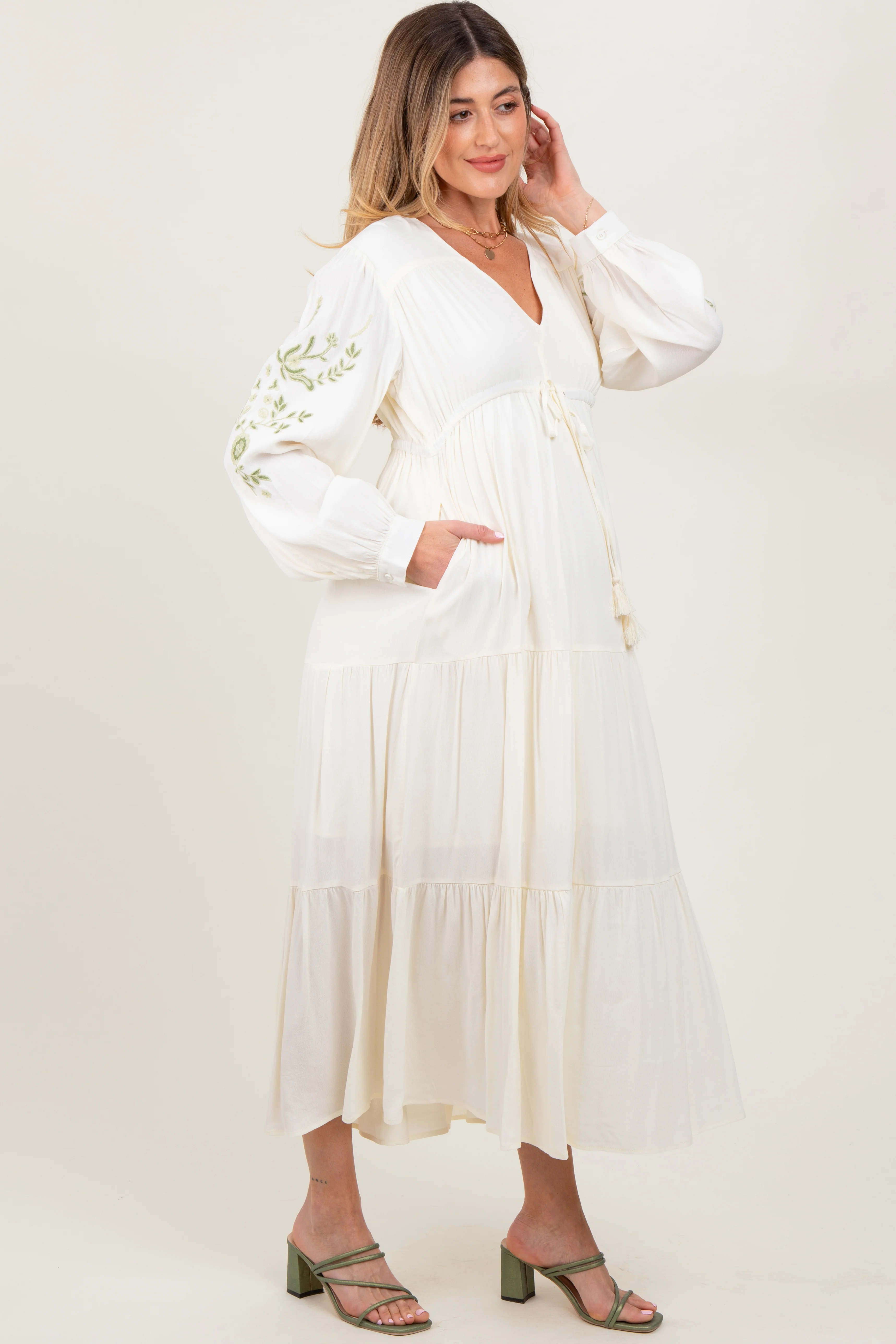 Cream Embroidered Long Sleeve Maternity Maxi Dress - Image 3