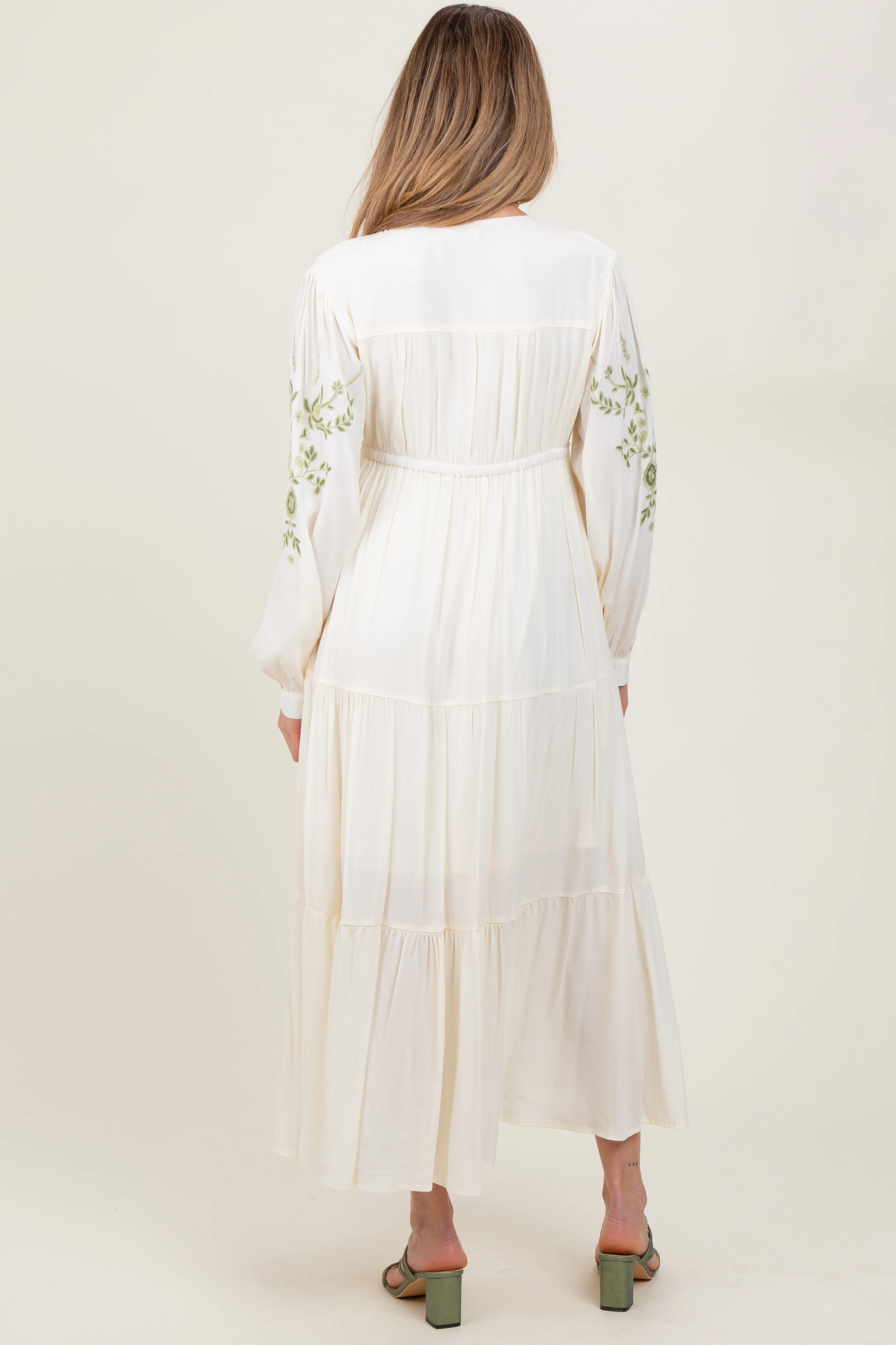 Cream Embroidered Long Sleeve Maternity Maxi Dress - Image 4