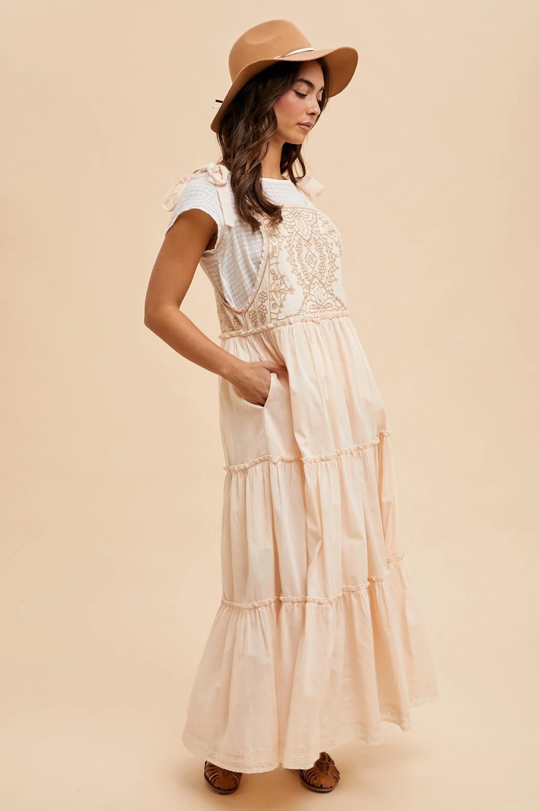 Cream Embroidered Ruffle Tiered Apron Dress - Image 4