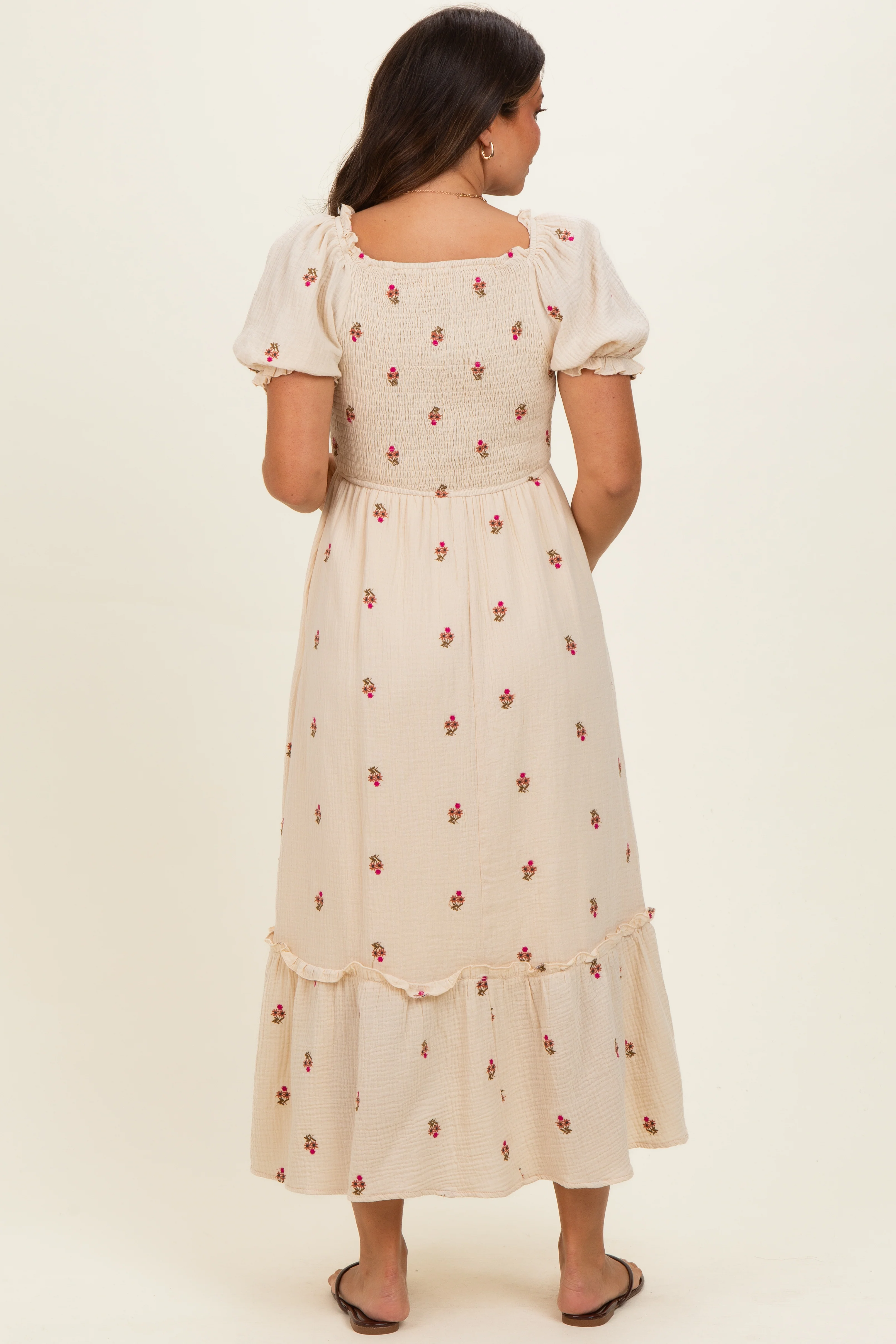 Cream Embroidered Smocked Maternity Midi Dress - Image 3