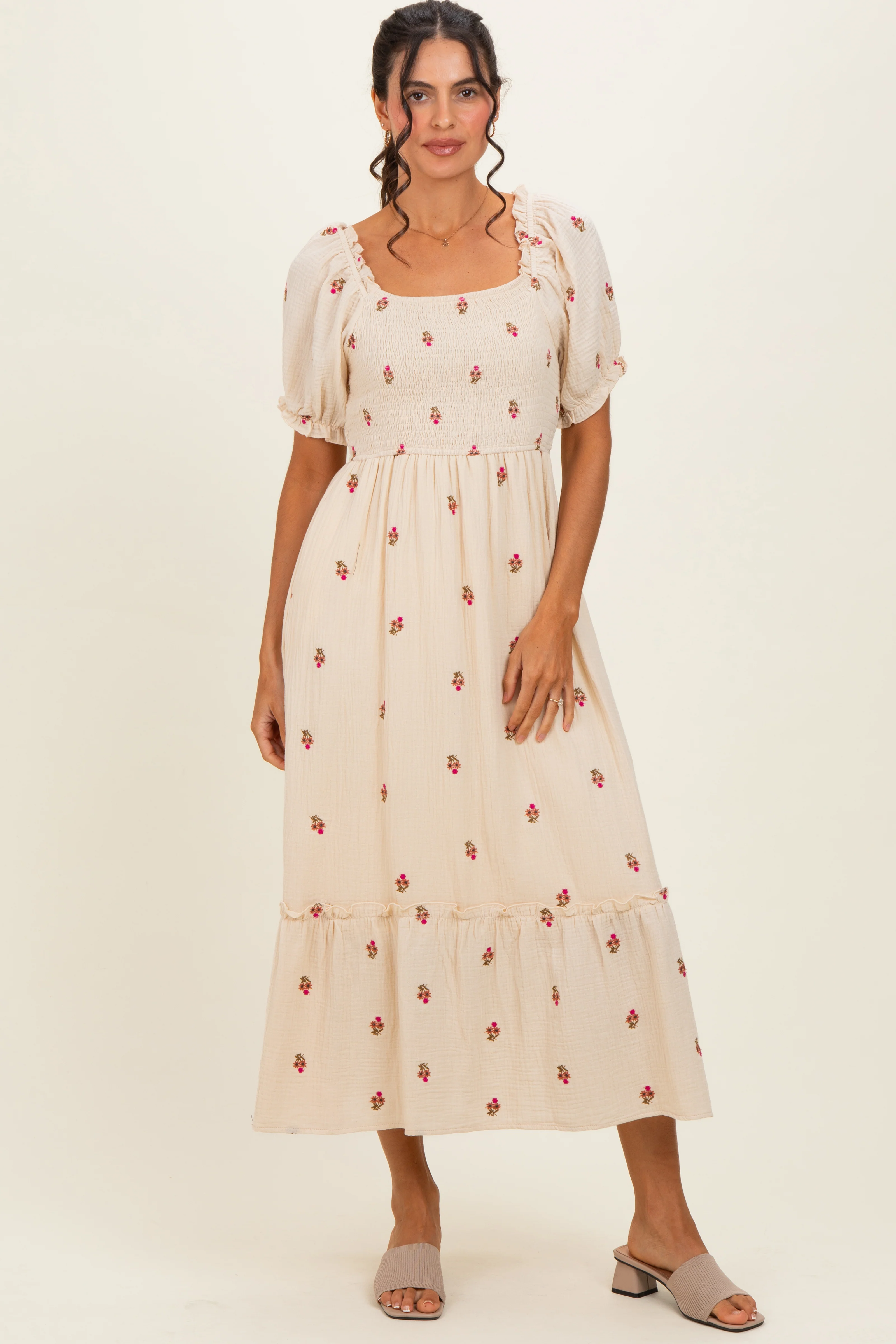 Cream Embroidered Smocked Maternity Midi Dress - Image 4
