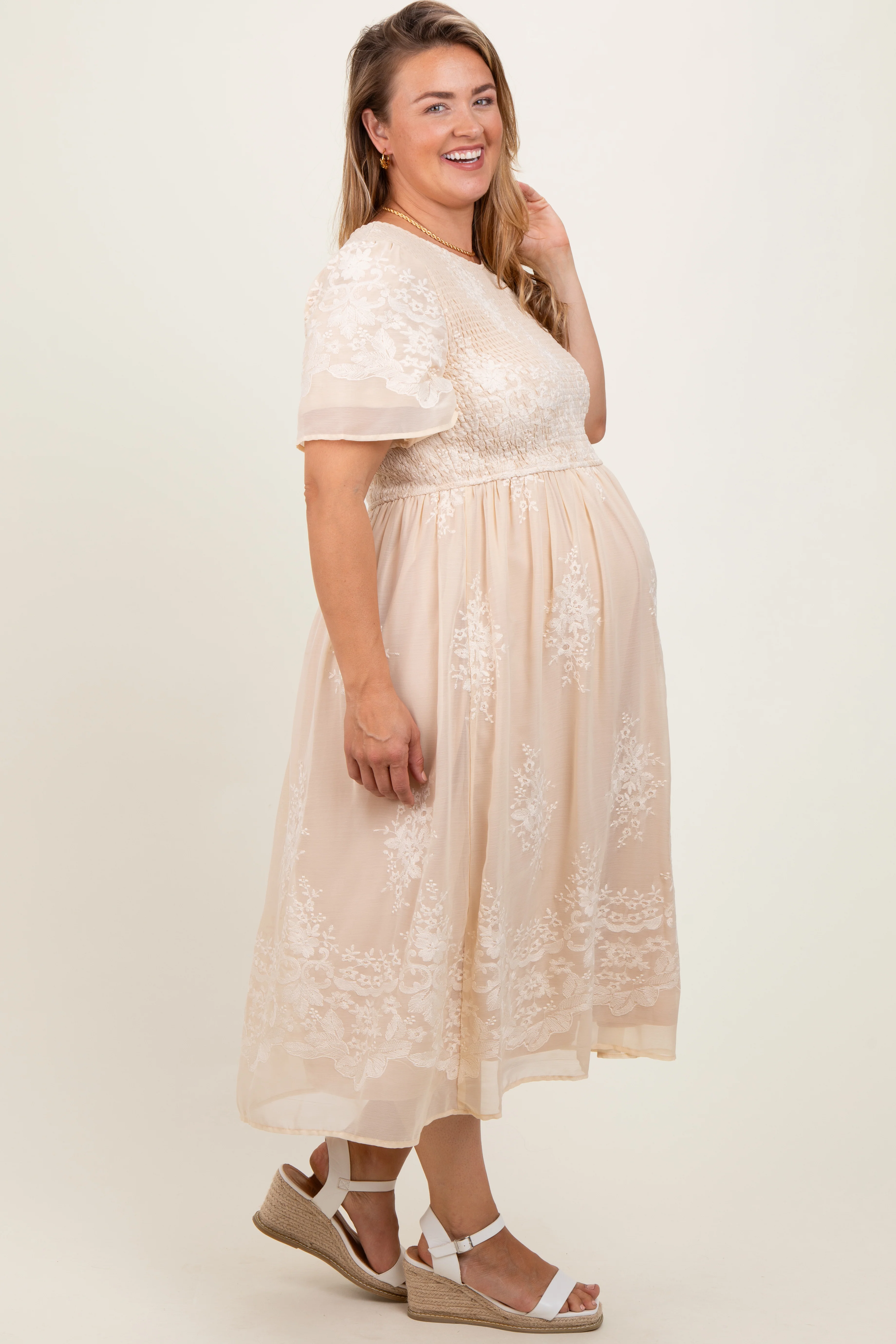 Cream Embroidered Smocked Maternity Plus Midi Dress - Image 3