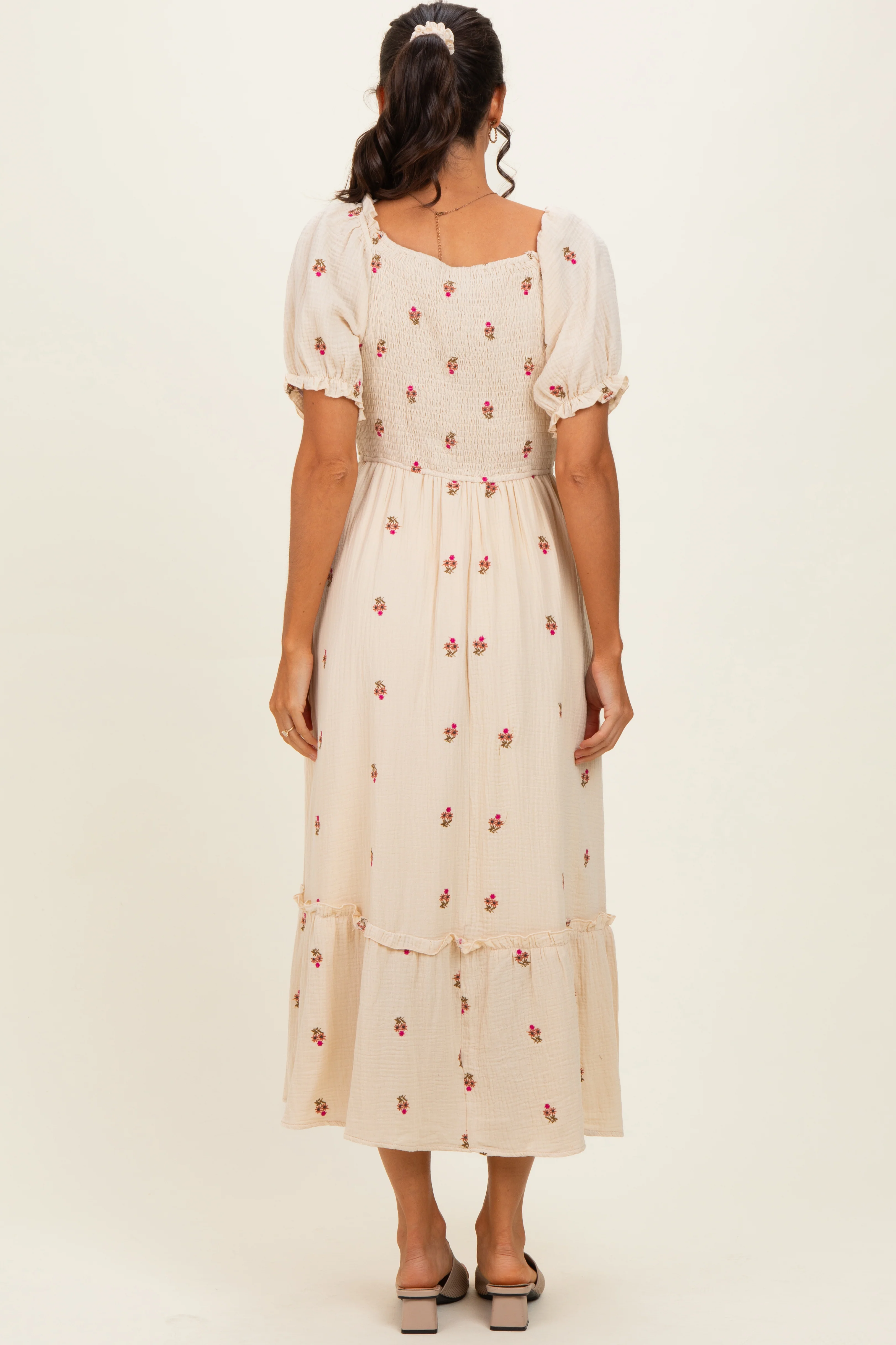 Cream Embroidered Smocked Midi Dress - Image 3