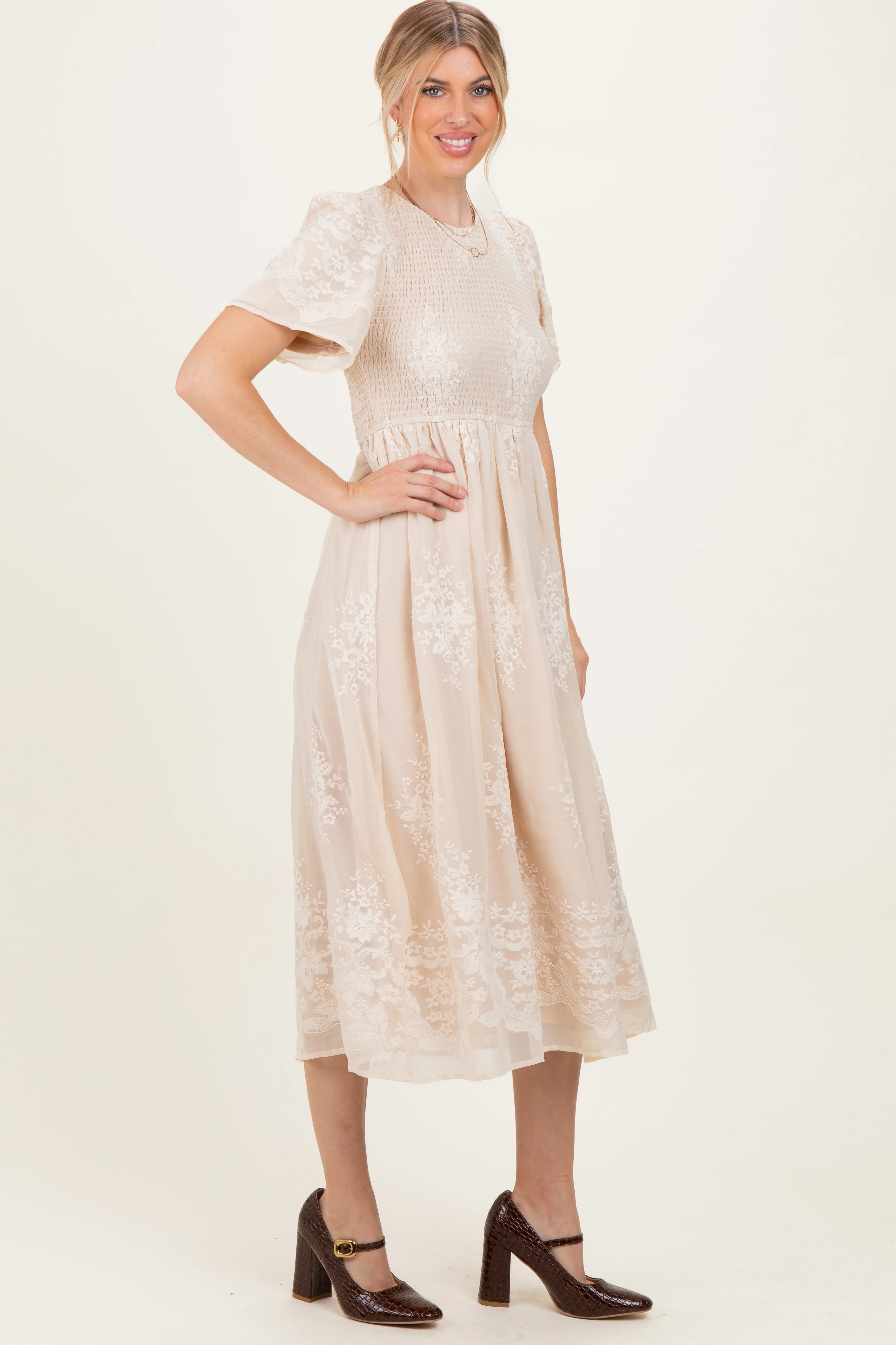 Cream Embroidered Smocked Midi Dress - Image 3