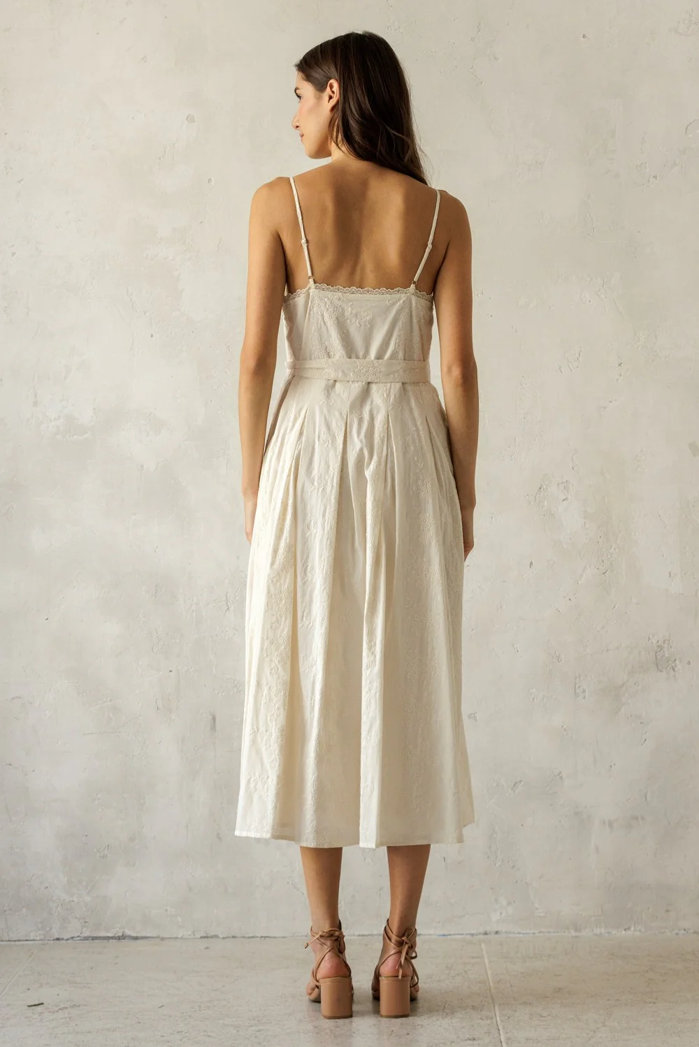 Cream Embroidered Tie Waist Midi Dress - Image 4