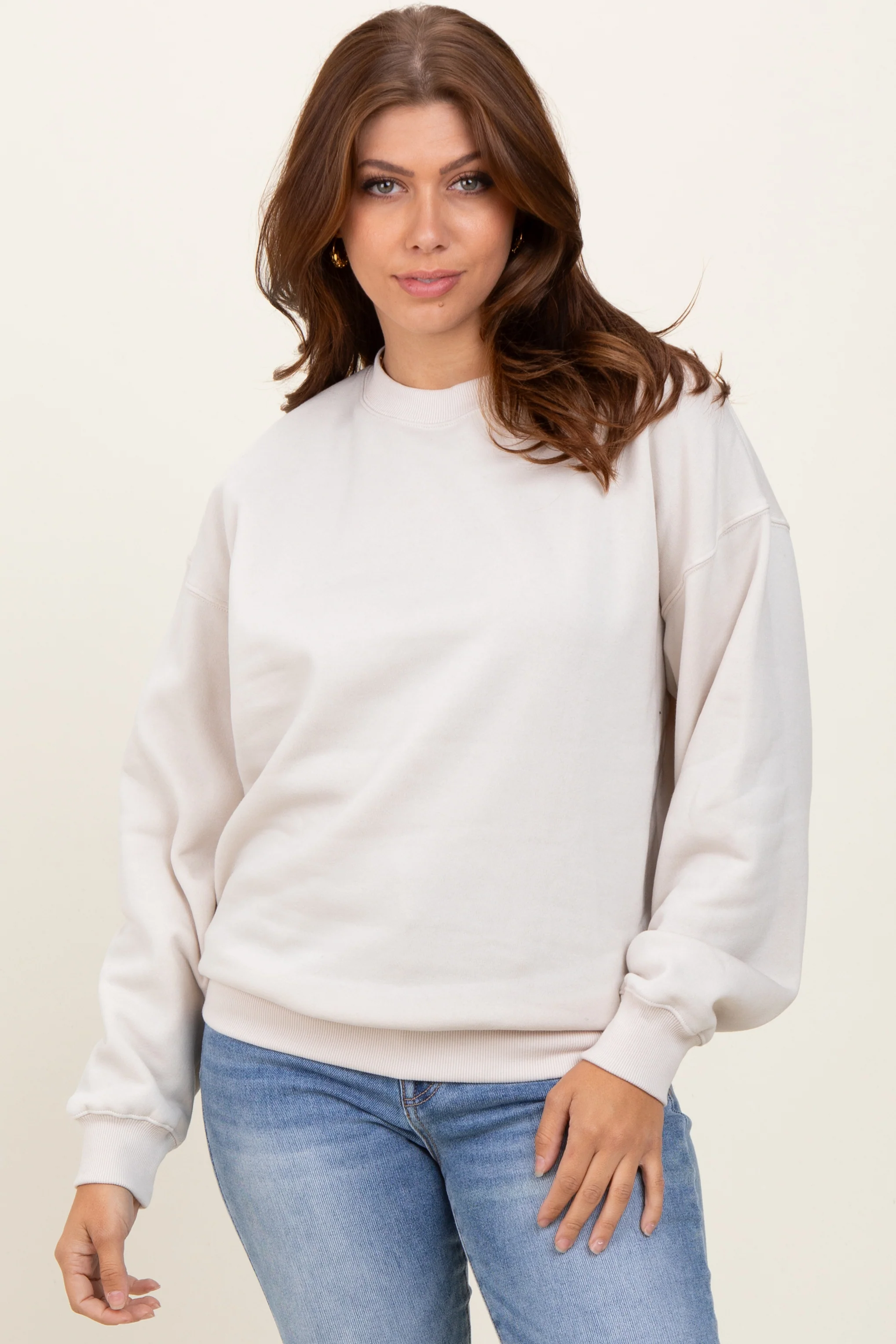 Cream Fleece Crew Neck Relaxed Fit Maternity Sweatshirt - Image 5