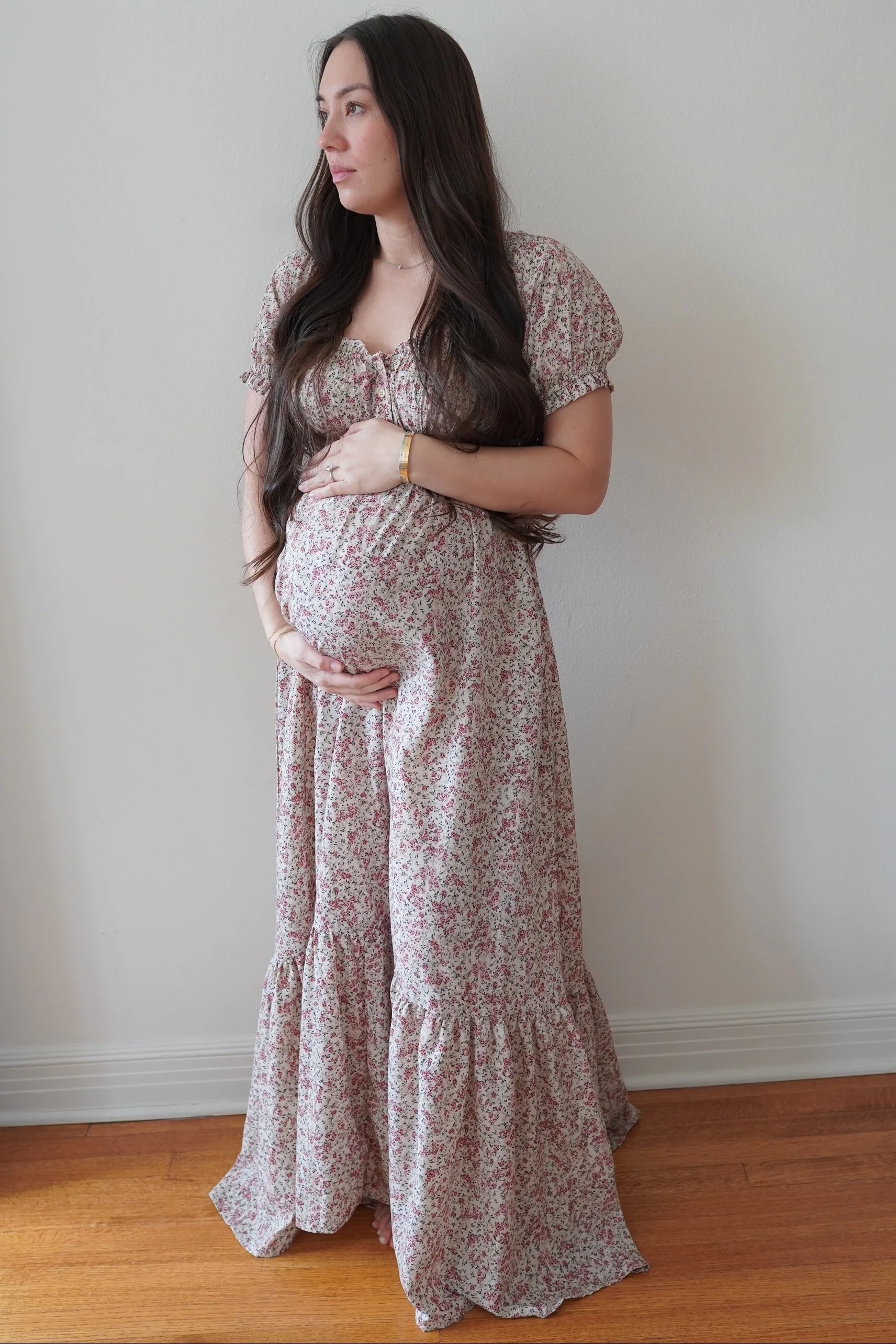 Cream Floral Button Accent Maternity Maxi Dress - Image 6